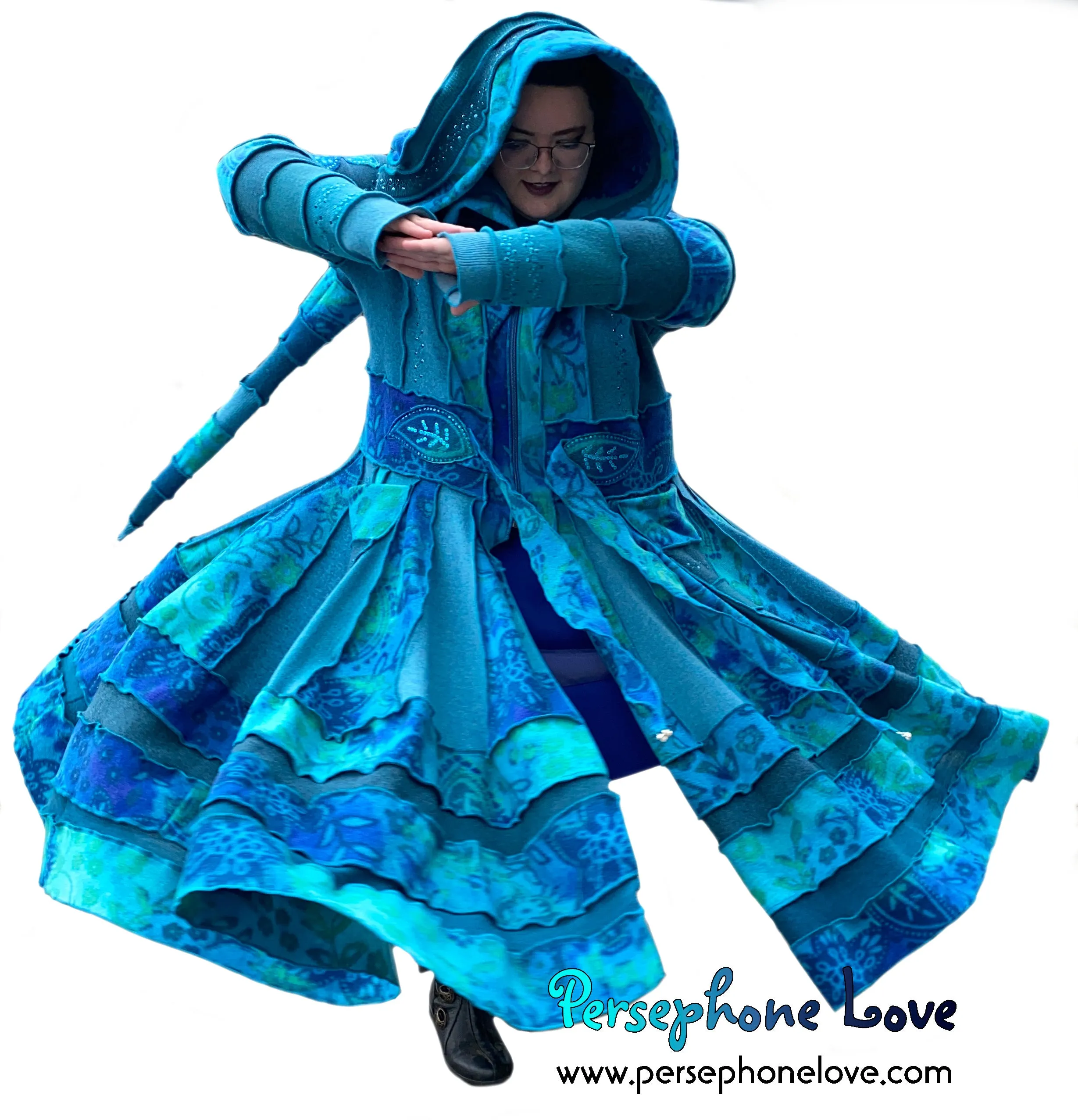 "Dreamdance" GODDESS SIZE Teal floral paisley embroidered/felted/sequins cashmere patchwork Katwise-inspired sweatercoat-2541