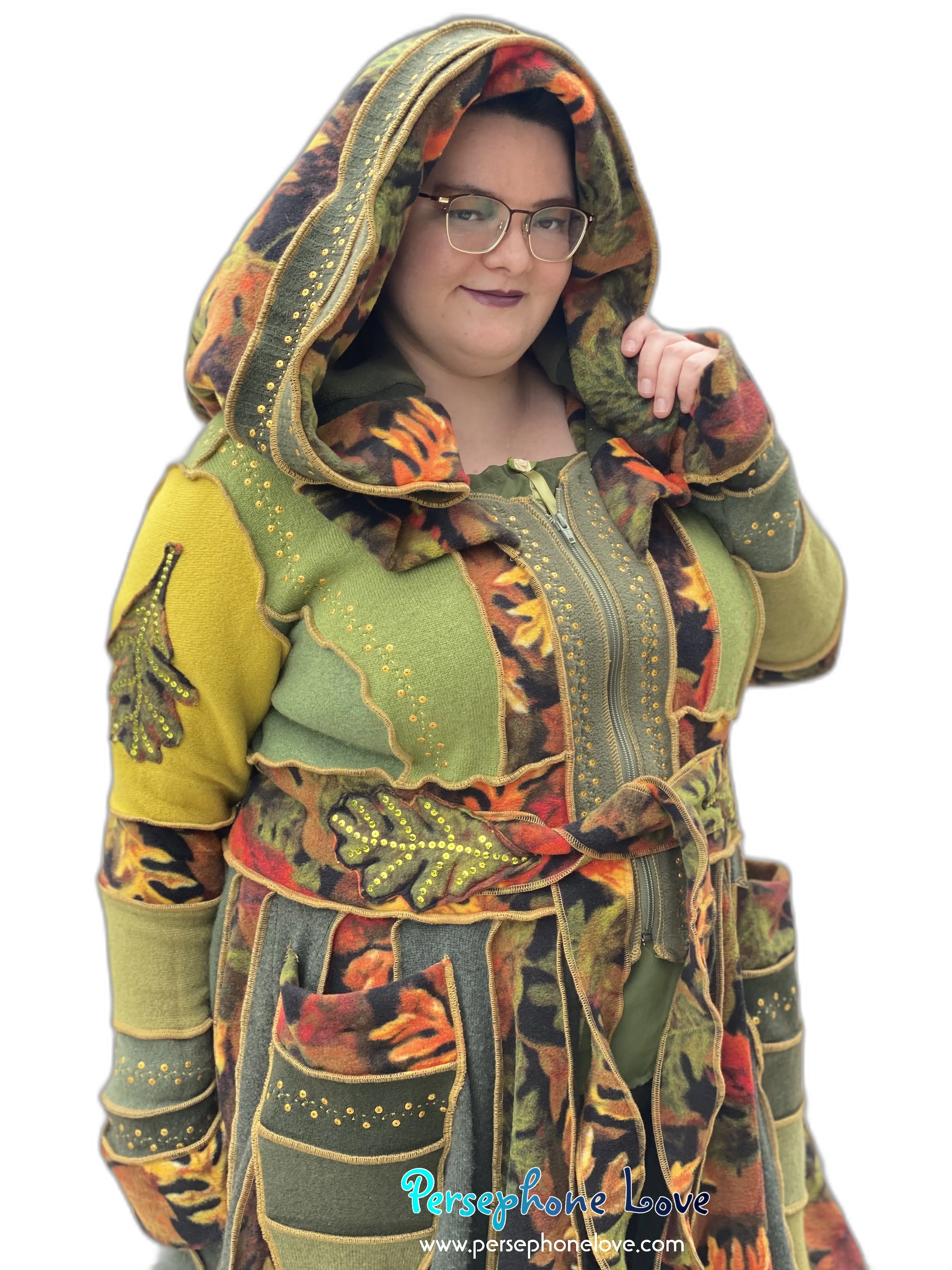 "Fae Propaganda" GODDESS SIZE green embroidered/felted/sequins cashmere patchwork Katwise-inspired sweatercoat-2545