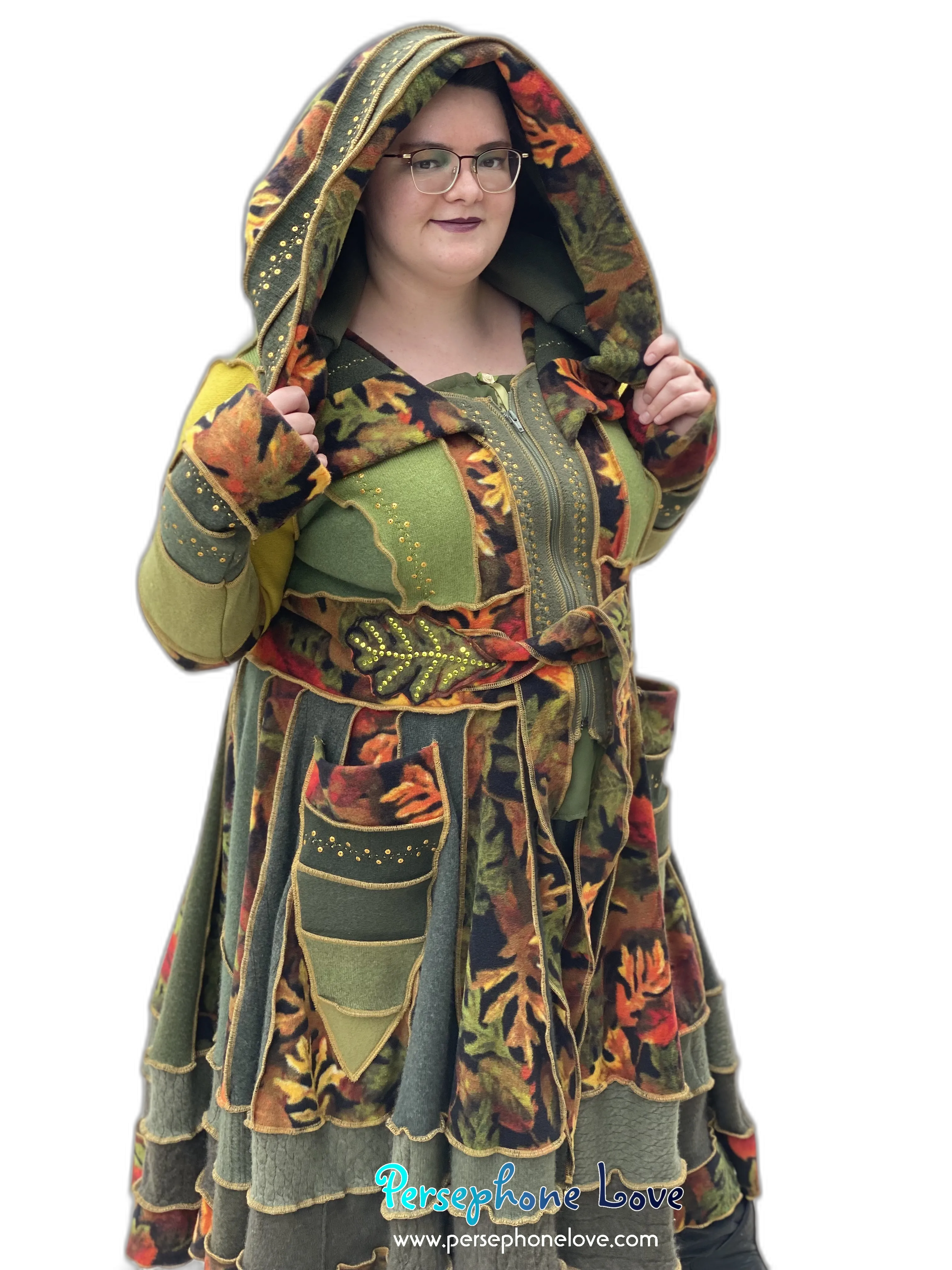 "Fae Propaganda" GODDESS SIZE green embroidered/felted/sequins cashmere patchwork Katwise-inspired sweatercoat-2545