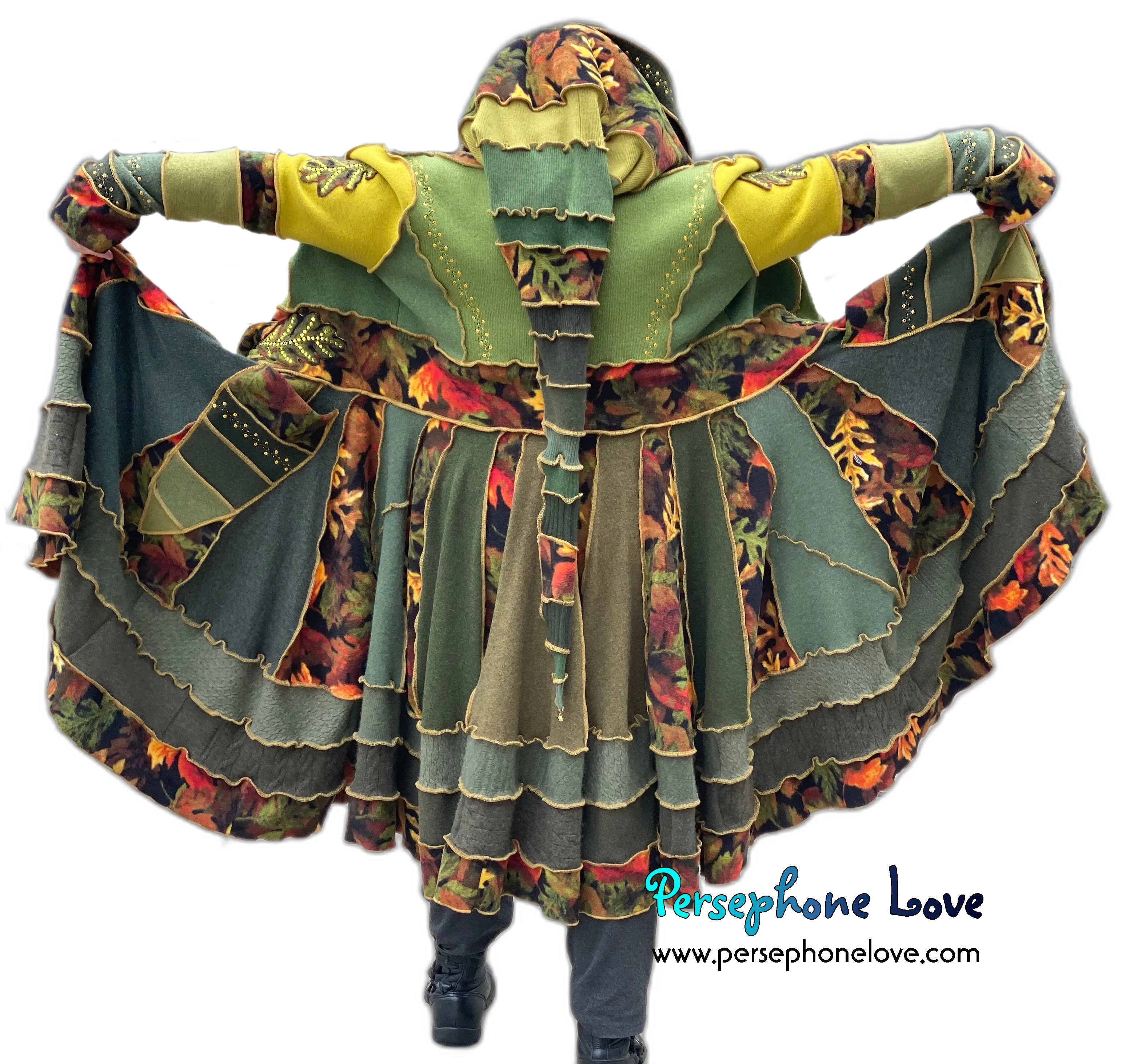 "Fae Propaganda" GODDESS SIZE green embroidered/felted/sequins cashmere patchwork Katwise-inspired sweatercoat-2545