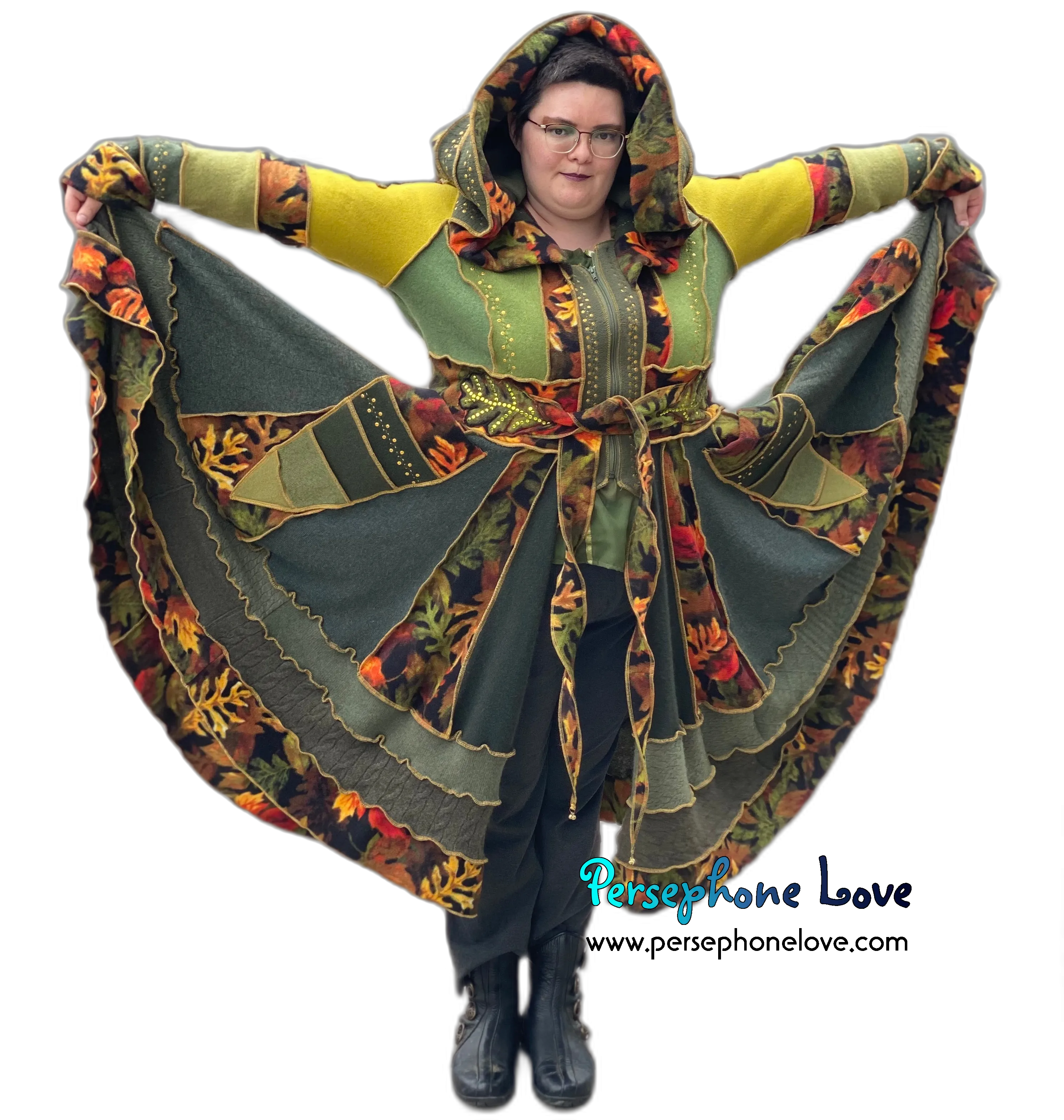 "Fae Propaganda" GODDESS SIZE green embroidered/felted/sequins cashmere patchwork Katwise-inspired sweatercoat-2545