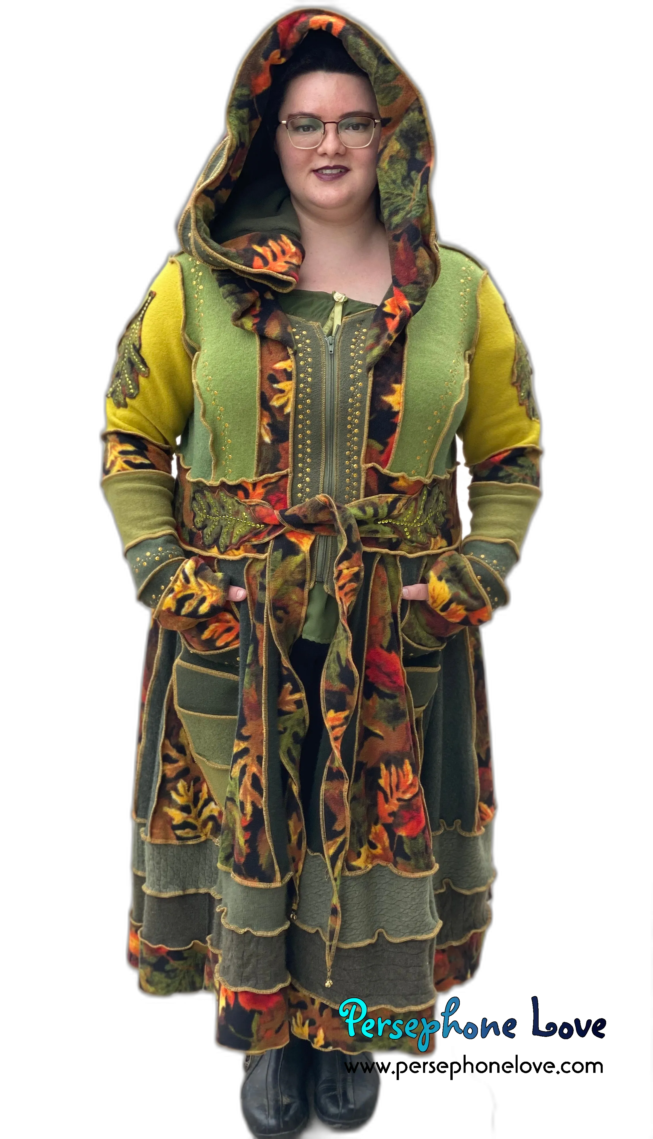 "Fae Propaganda" GODDESS SIZE green embroidered/felted/sequins cashmere patchwork Katwise-inspired sweatercoat-2545