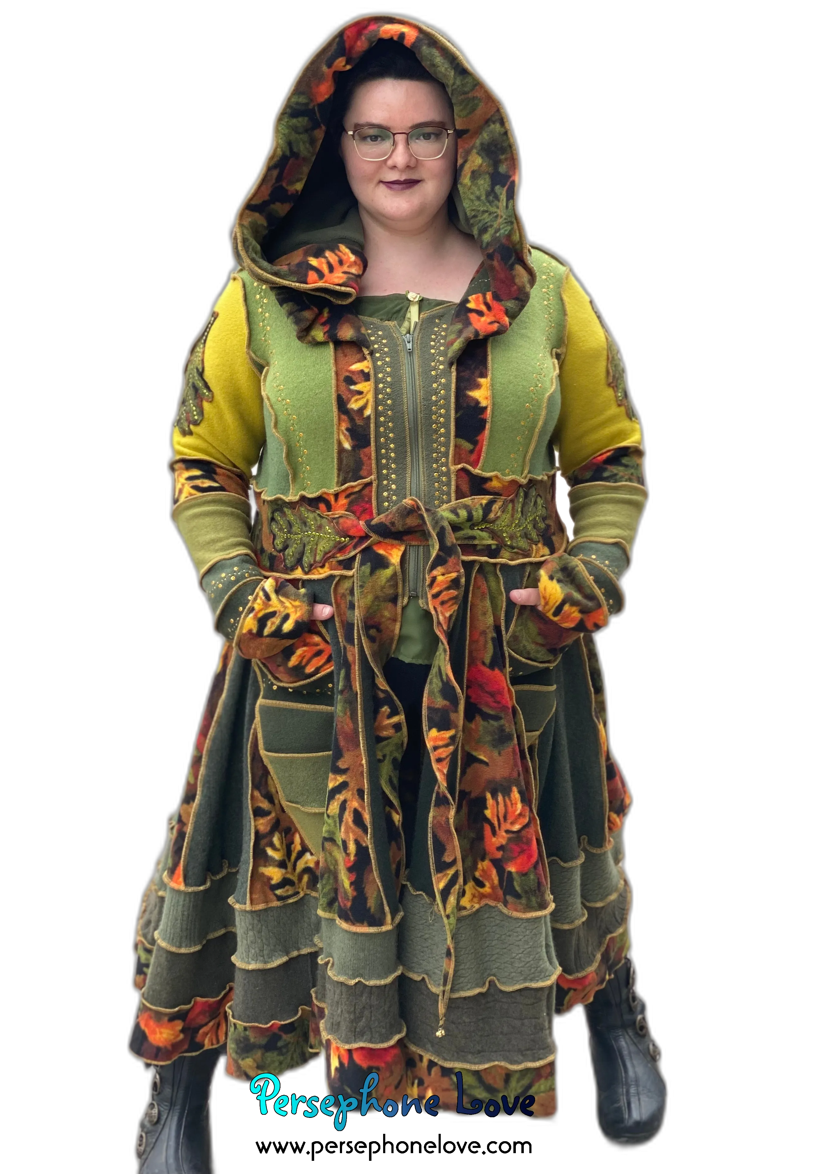 "Fae Propaganda" GODDESS SIZE green embroidered/felted/sequins cashmere patchwork Katwise-inspired sweatercoat-2545