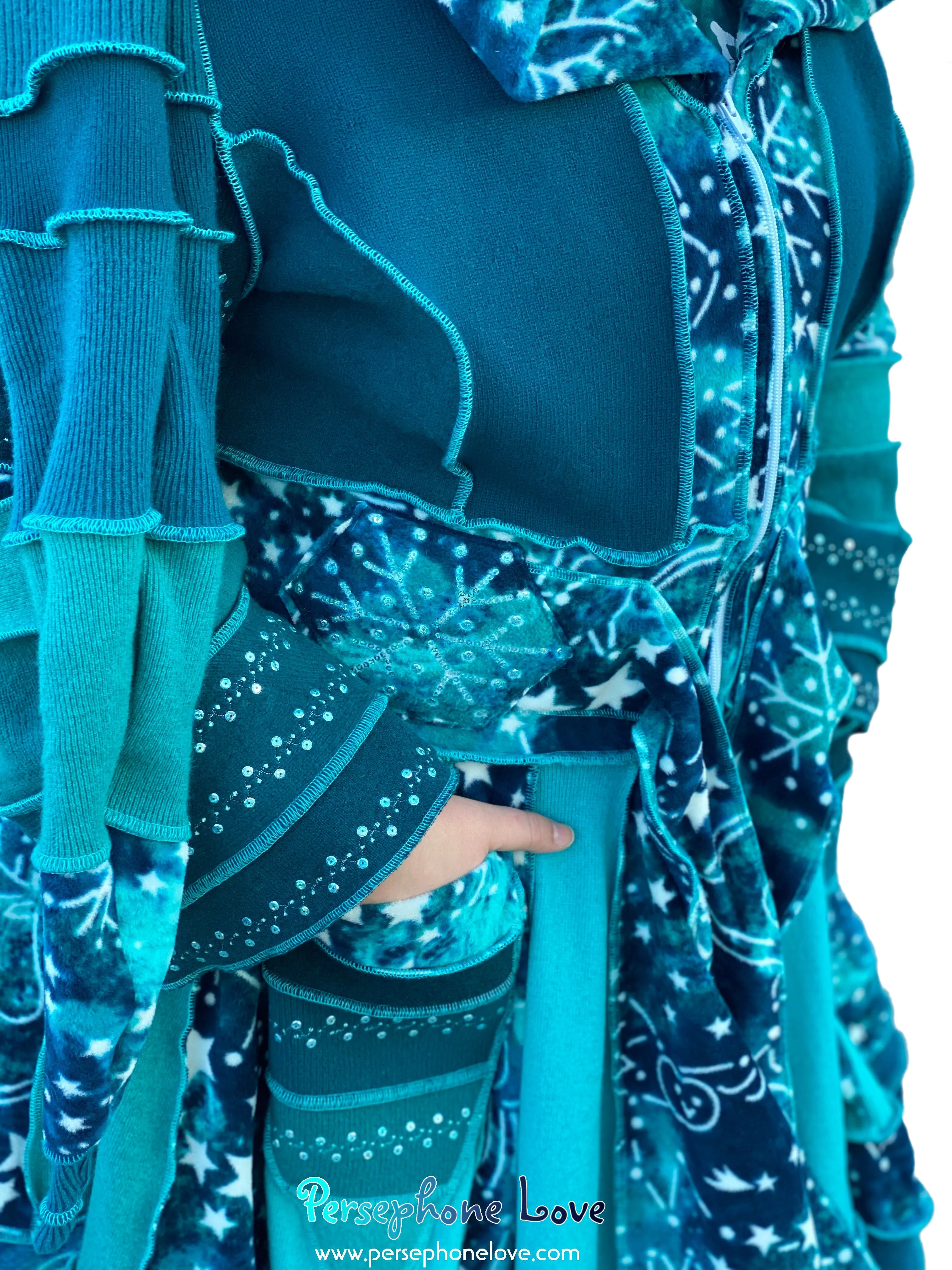 "New Sky" GODDESS SIZE Teal embroidered/felted cashmere Katwise-inspired patchwork sweatercoat-2523