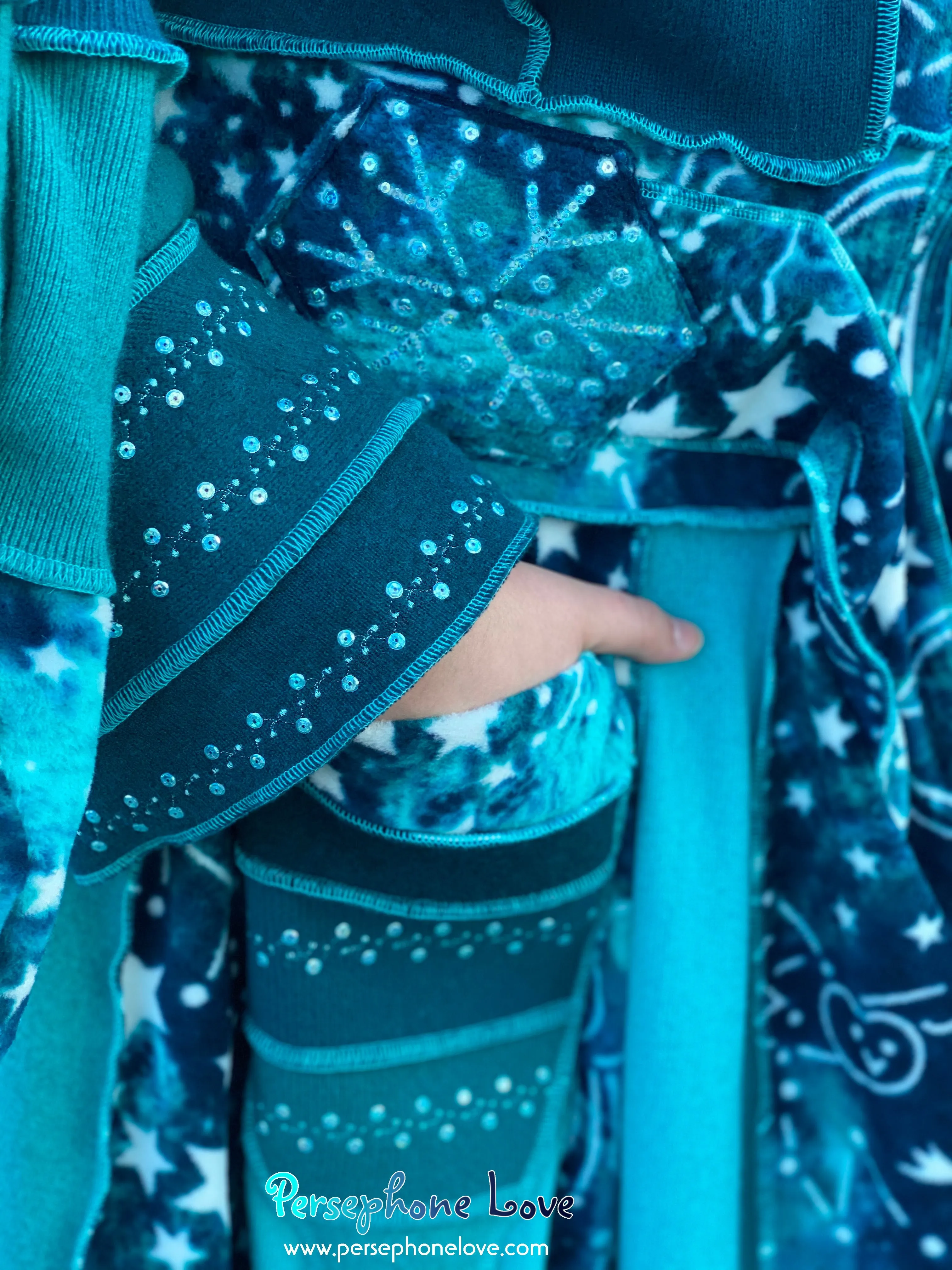 "New Sky" GODDESS SIZE Teal embroidered/felted cashmere Katwise-inspired patchwork sweatercoat-2523