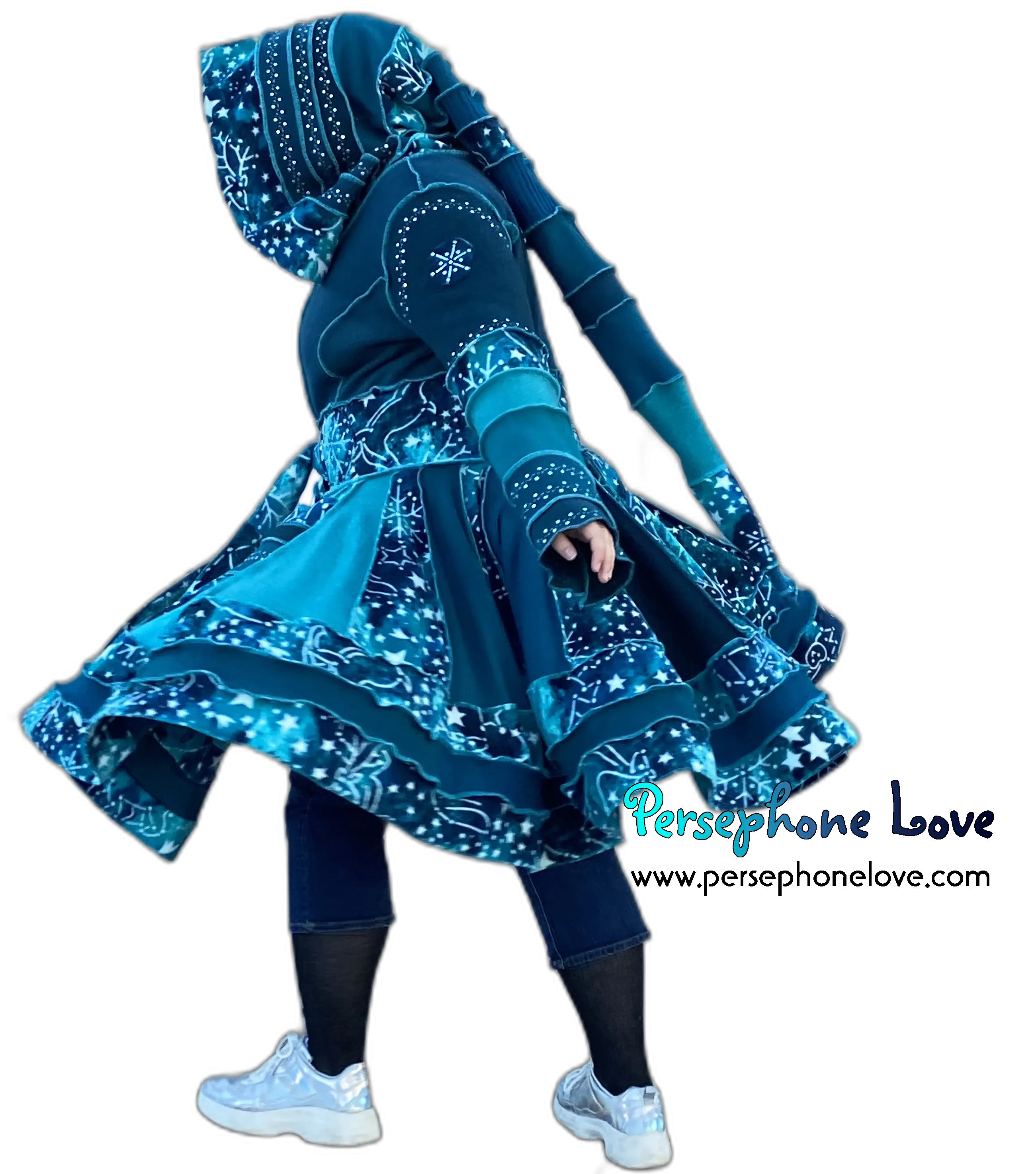 "New Sky" GODDESS SIZE Teal embroidered/felted cashmere Katwise-inspired patchwork sweatercoat-2523