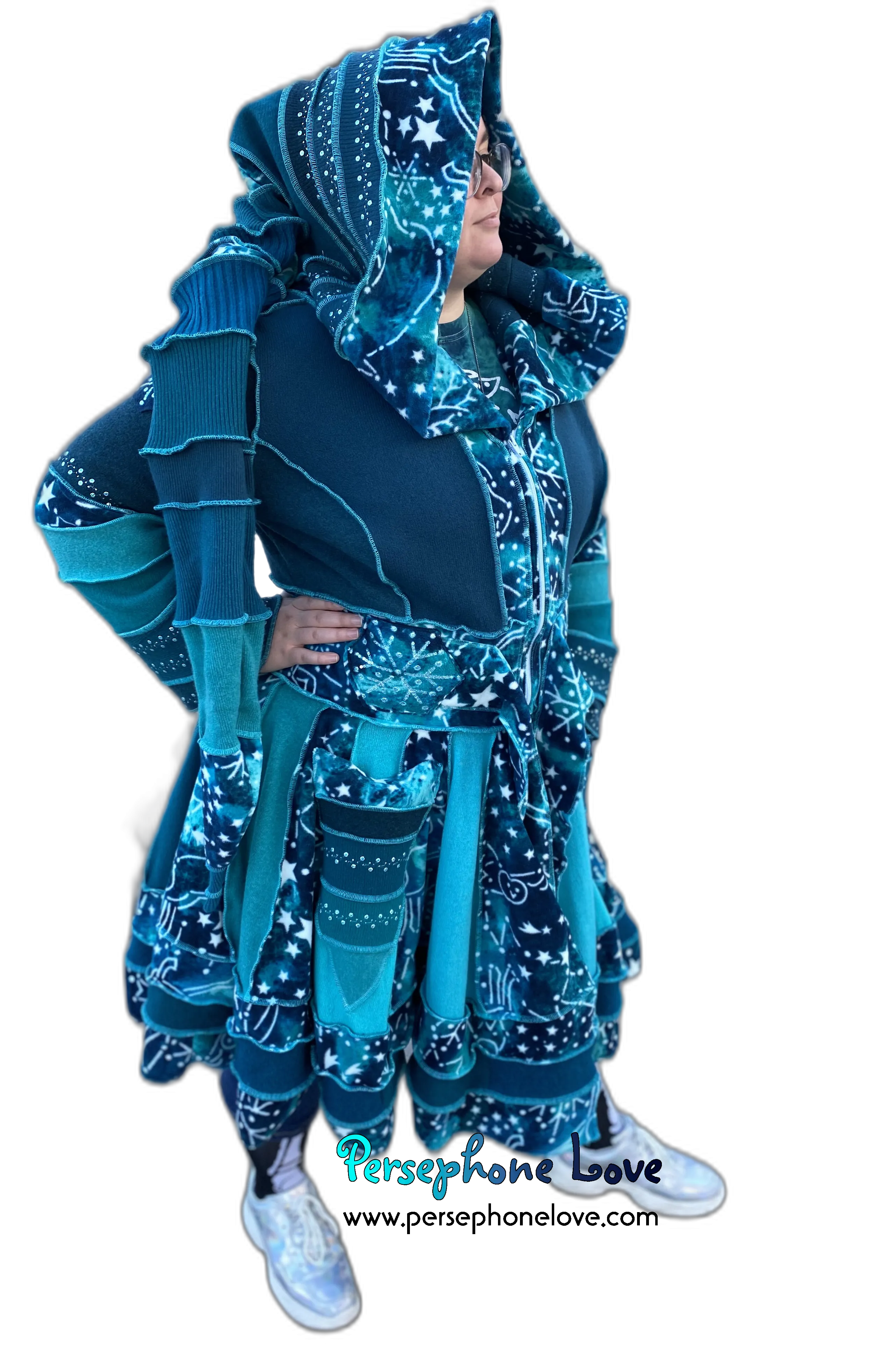 "New Sky" GODDESS SIZE Teal embroidered/felted cashmere Katwise-inspired patchwork sweatercoat-2523