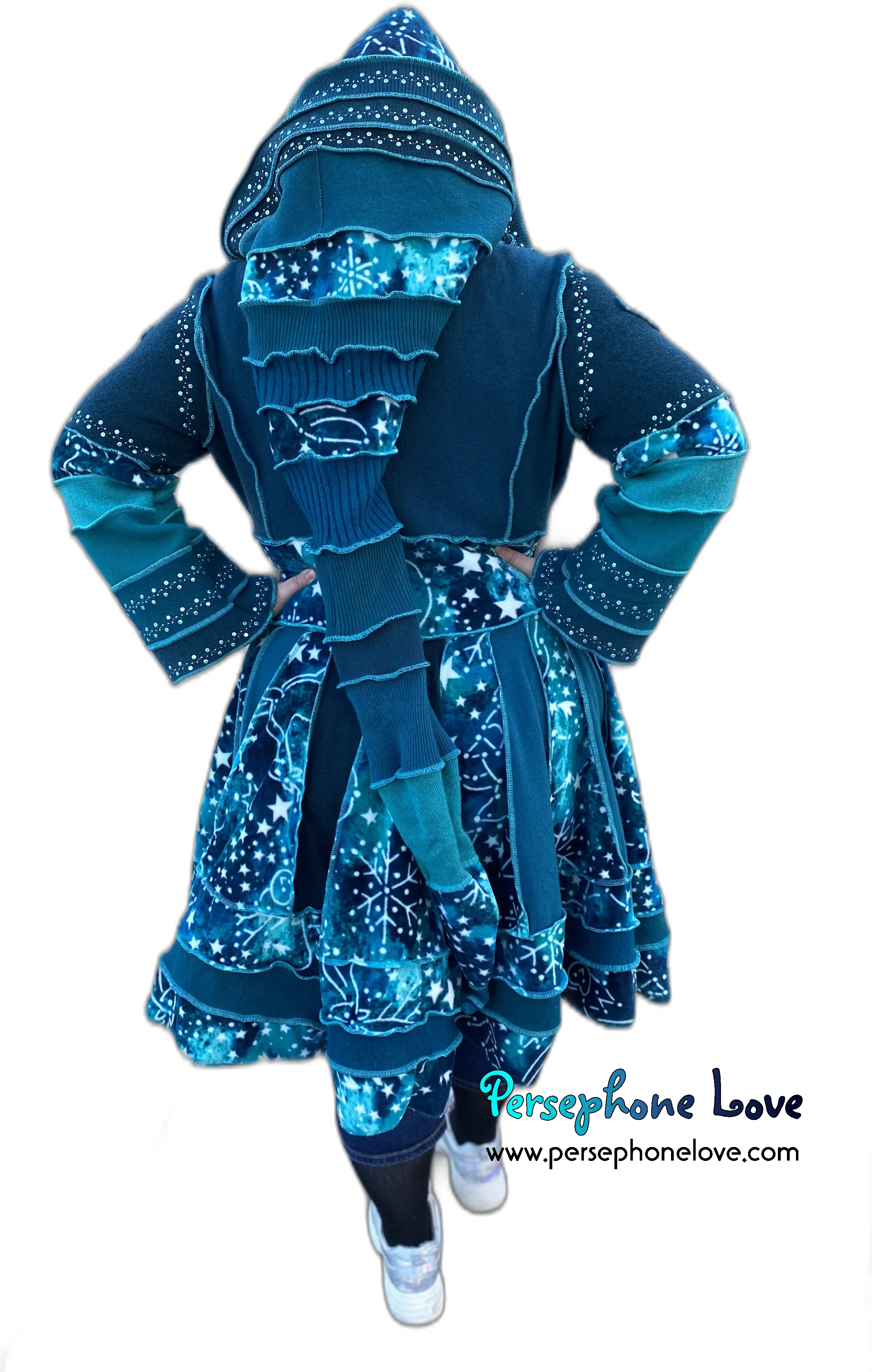 "New Sky" GODDESS SIZE Teal embroidered/felted cashmere Katwise-inspired patchwork sweatercoat-2523