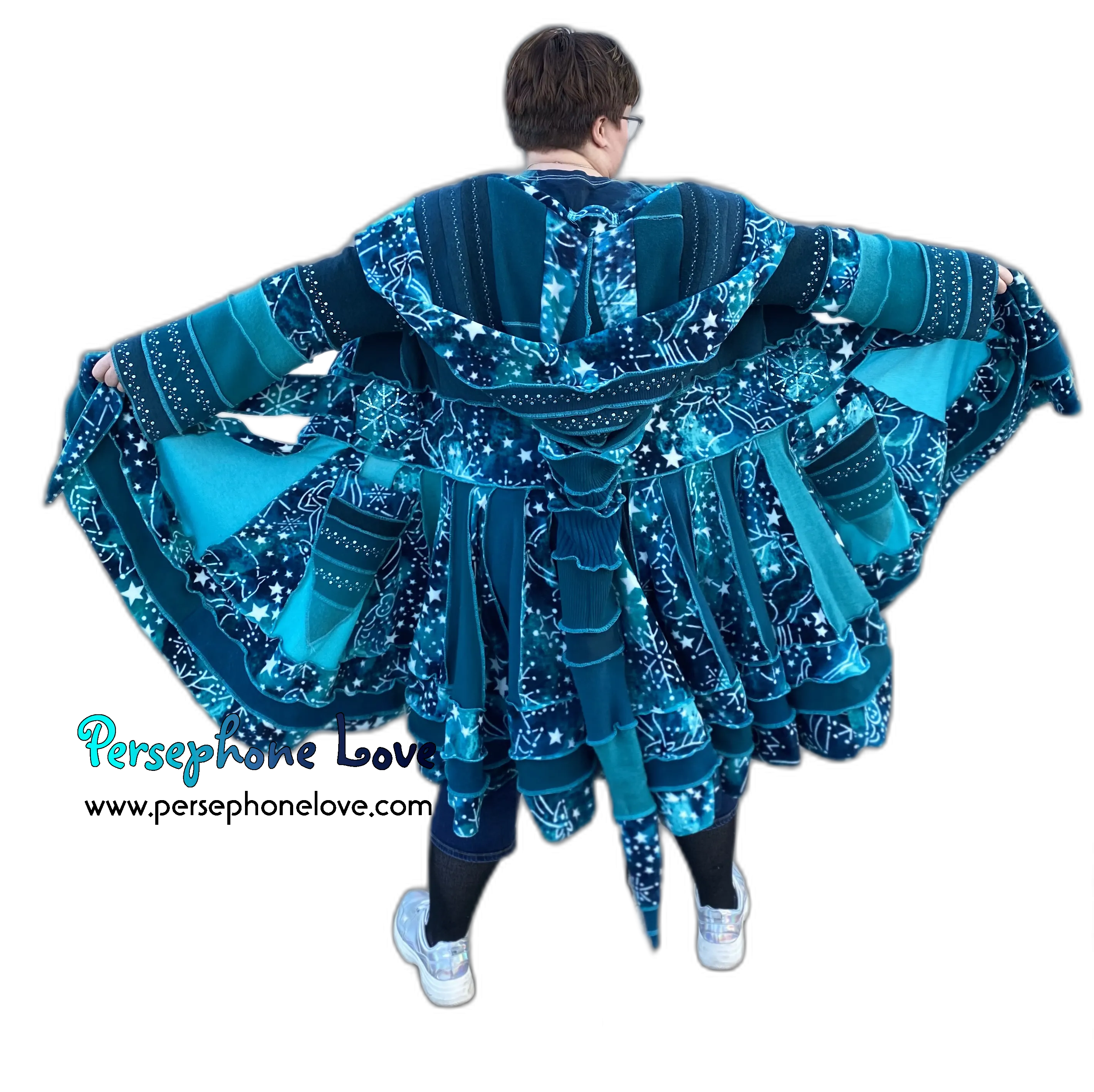 "New Sky" GODDESS SIZE Teal embroidered/felted cashmere Katwise-inspired patchwork sweatercoat-2523