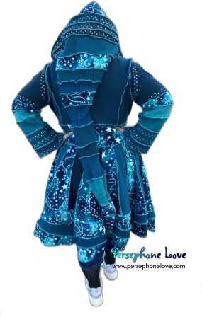 "New Sky" GODDESS SIZE Teal embroidered/felted cashmere Katwise-inspired patchwork sweatercoat-2523