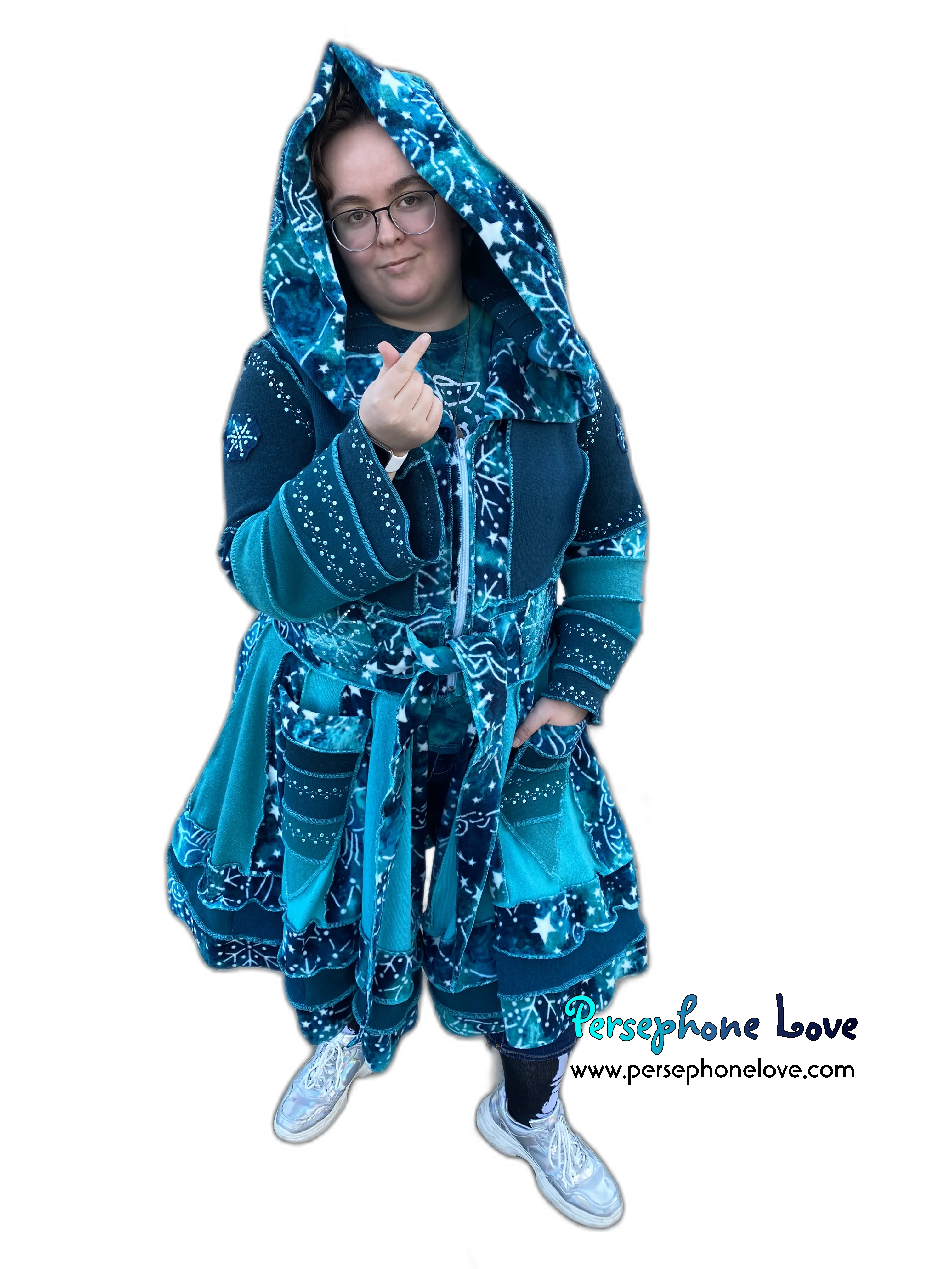 "New Sky" GODDESS SIZE Teal embroidered/felted cashmere Katwise-inspired patchwork sweatercoat-2523