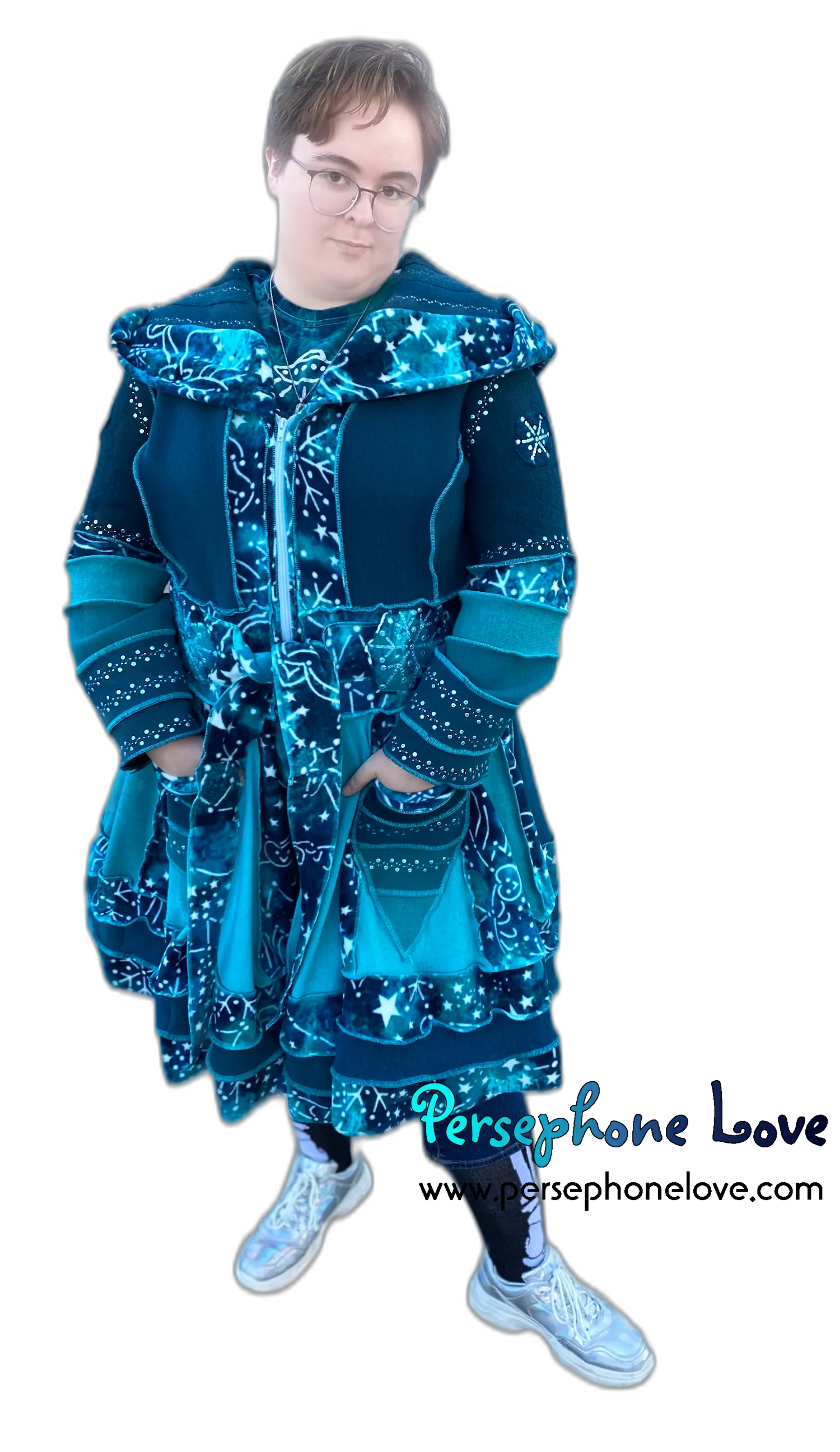 "New Sky" GODDESS SIZE Teal embroidered/felted cashmere Katwise-inspired patchwork sweatercoat-2523