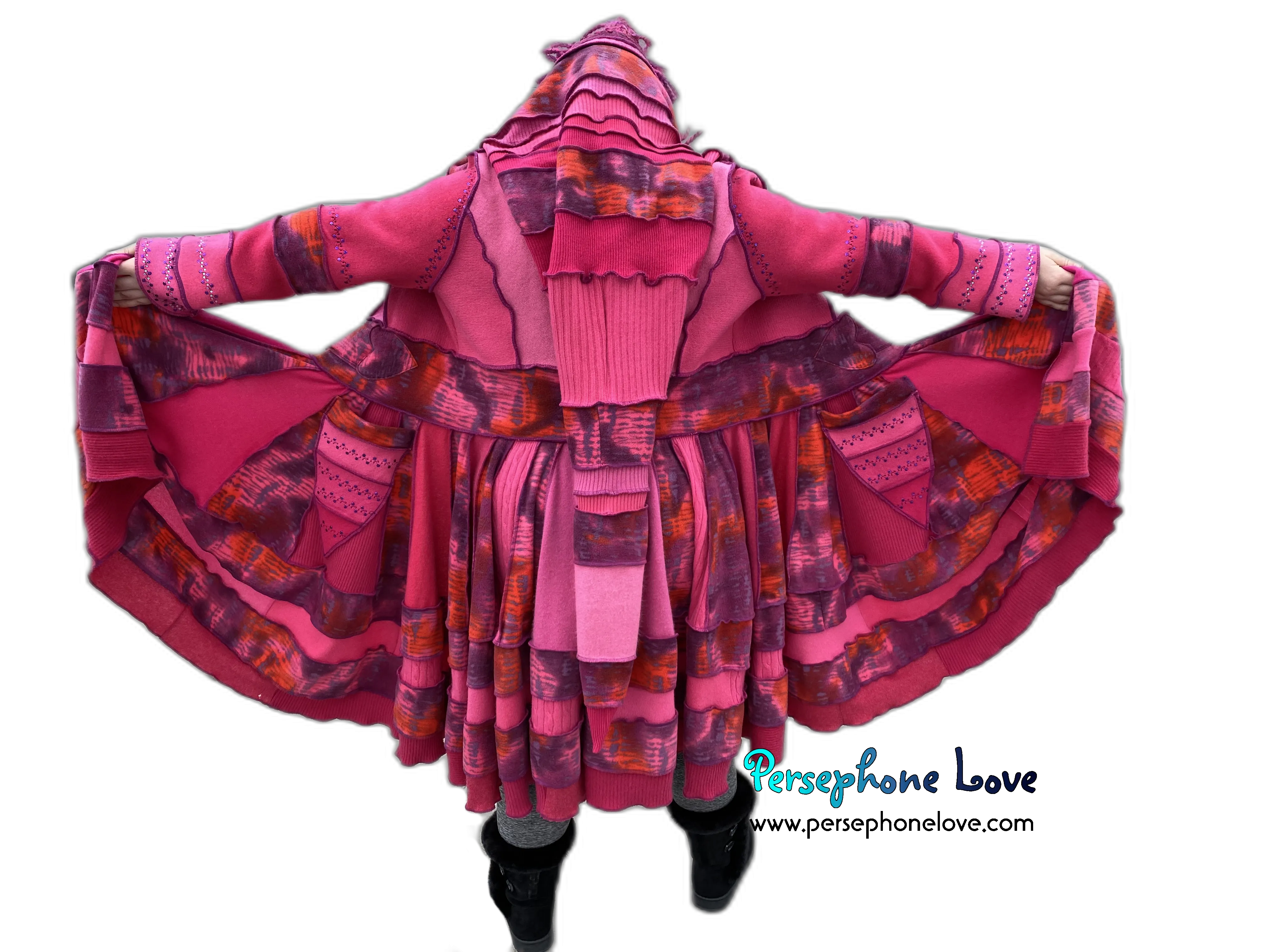 "Pink Lemonade" GODDESS SIZE Hot Pink embroidered/felted cashmere patchwork Katwise-inspired sweatercoat-2527