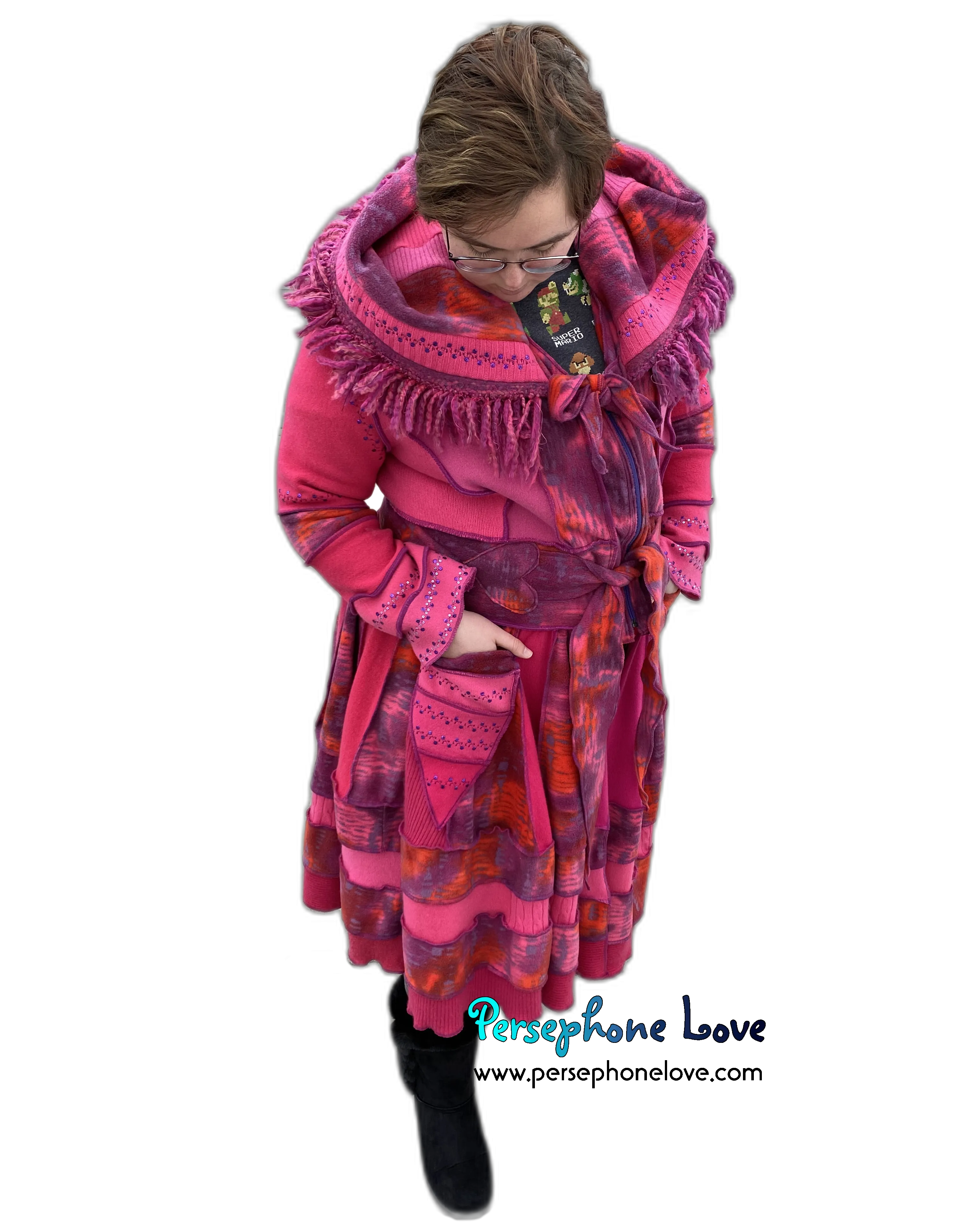 "Pink Lemonade" GODDESS SIZE Hot Pink embroidered/felted cashmere patchwork Katwise-inspired sweatercoat-2527