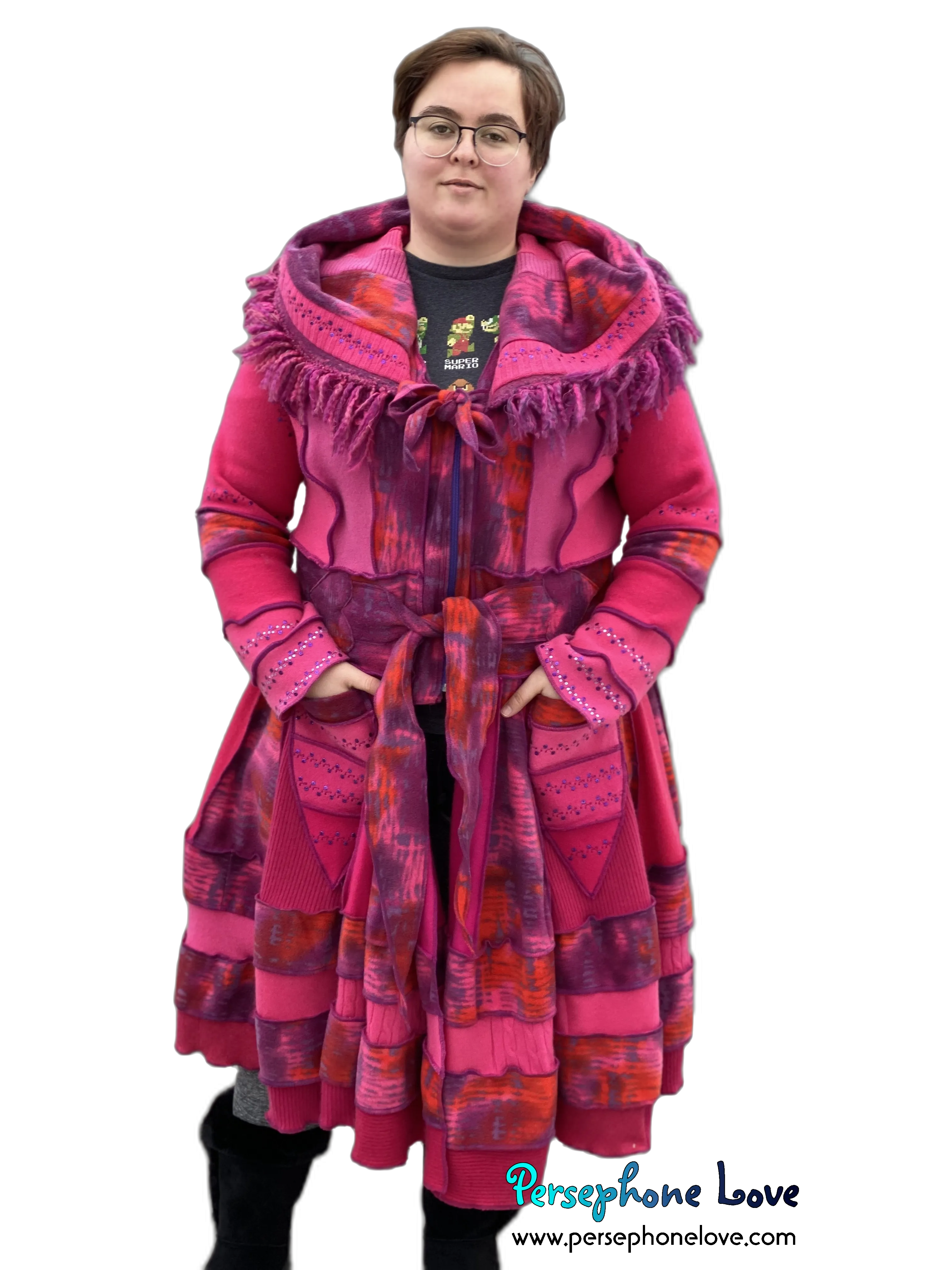 "Pink Lemonade" GODDESS SIZE Hot Pink embroidered/felted cashmere patchwork Katwise-inspired sweatercoat-2527