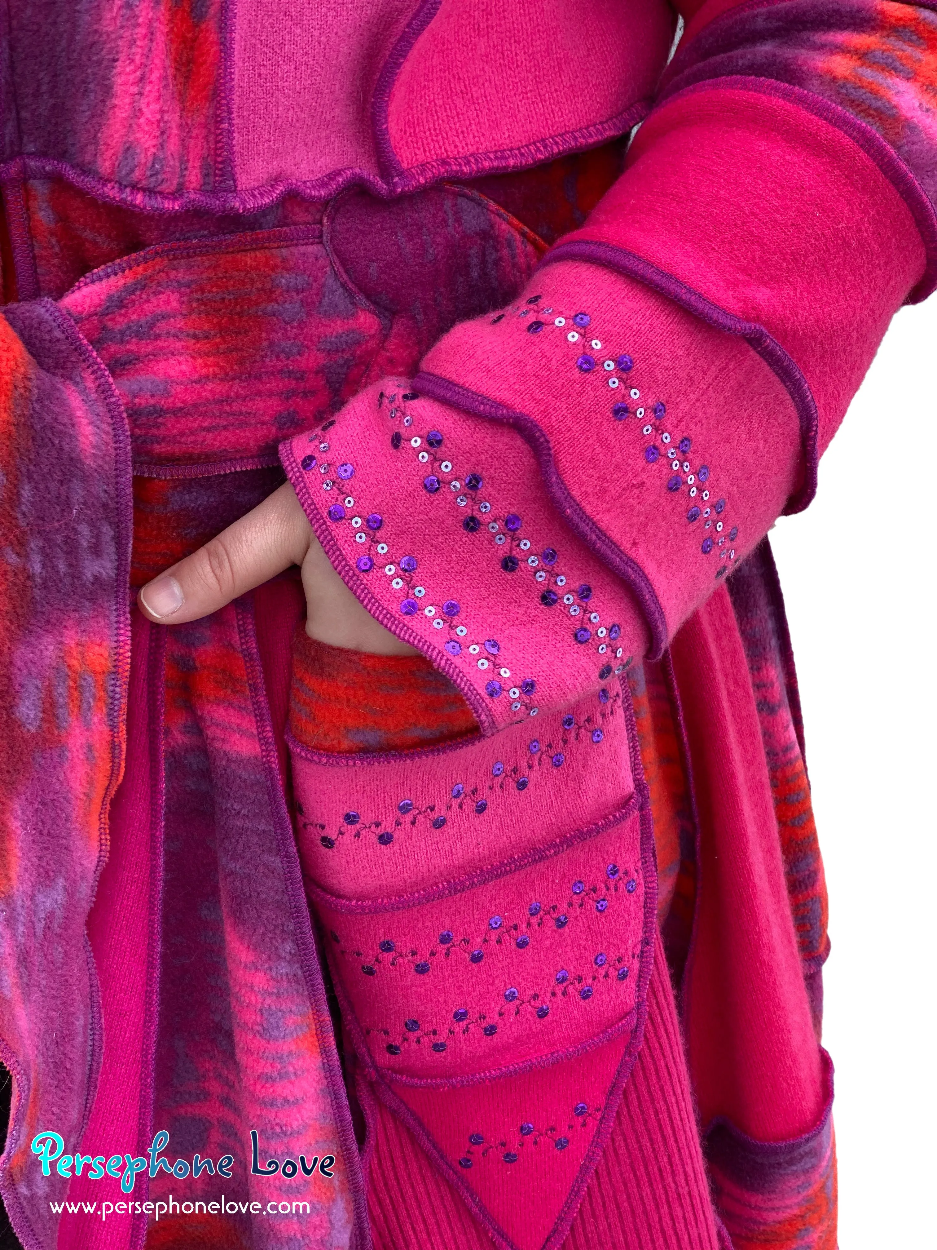 "Pink Lemonade" GODDESS SIZE Hot Pink embroidered/felted cashmere patchwork Katwise-inspired sweatercoat-2527