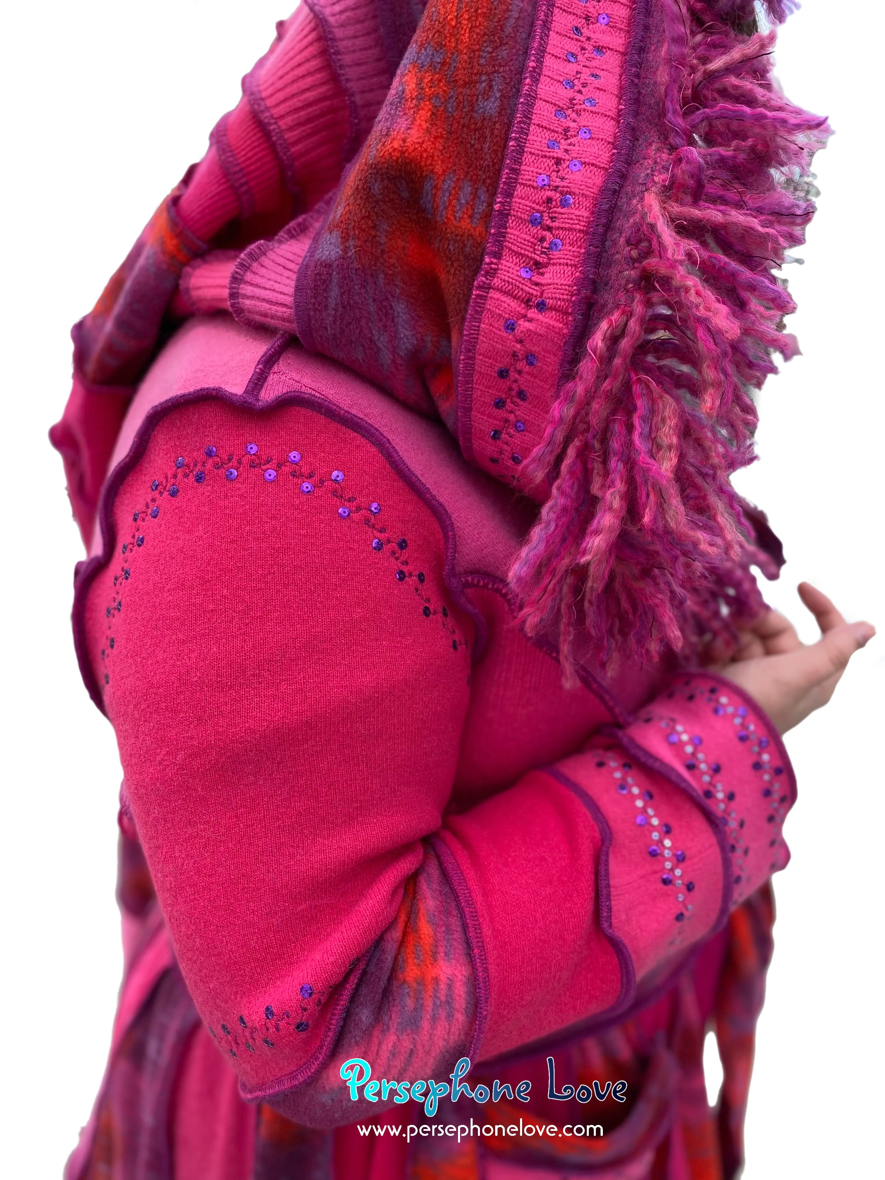 "Pink Lemonade" GODDESS SIZE Hot Pink embroidered/felted cashmere patchwork Katwise-inspired sweatercoat-2527