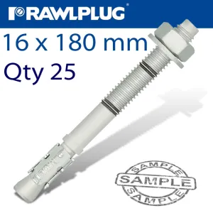 RAWLPLUG THROUGHBOLT 16X180X60MM ZINC FLAKE 25 -BOX RAW R-HPTIIZF-16180-60