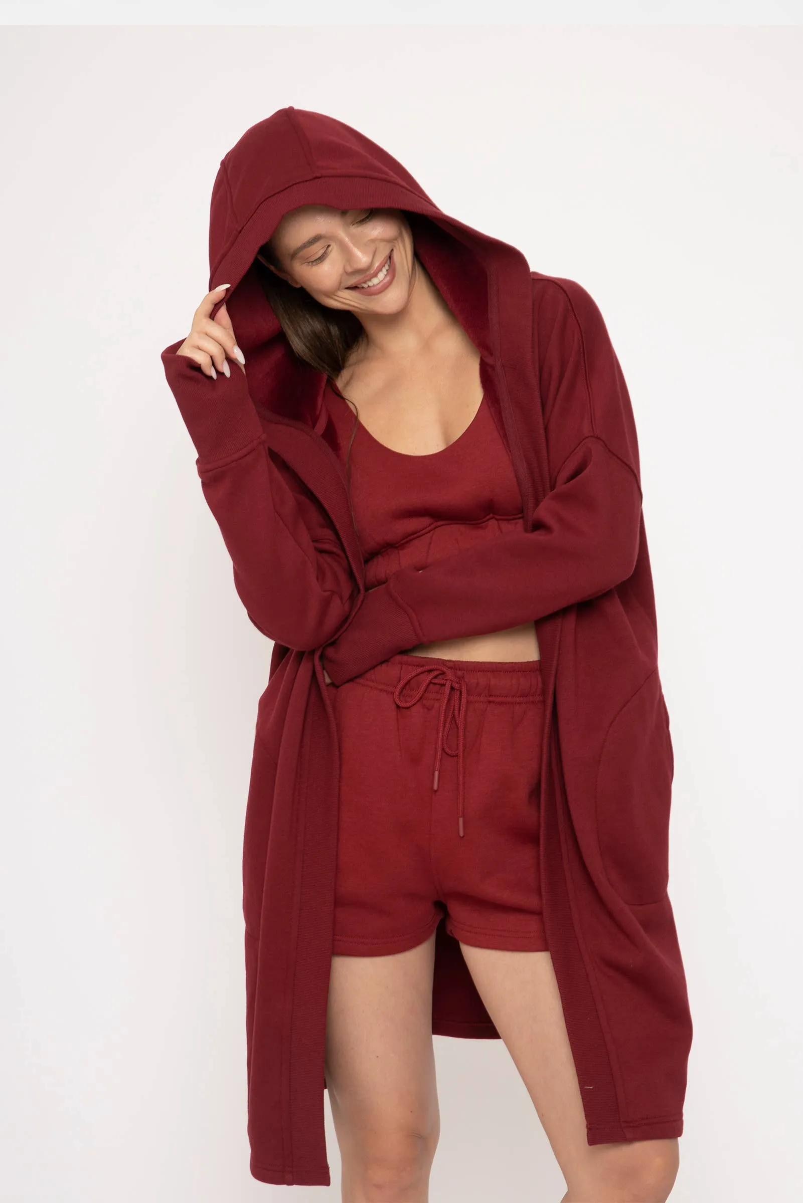 Red Wine Open Front Longline Hoodie Cardigan with Fleece Lining