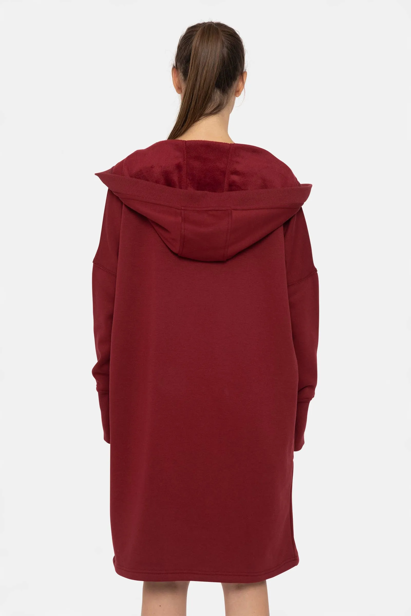 Red Wine Open Front Longline Hoodie Cardigan with Fleece Lining