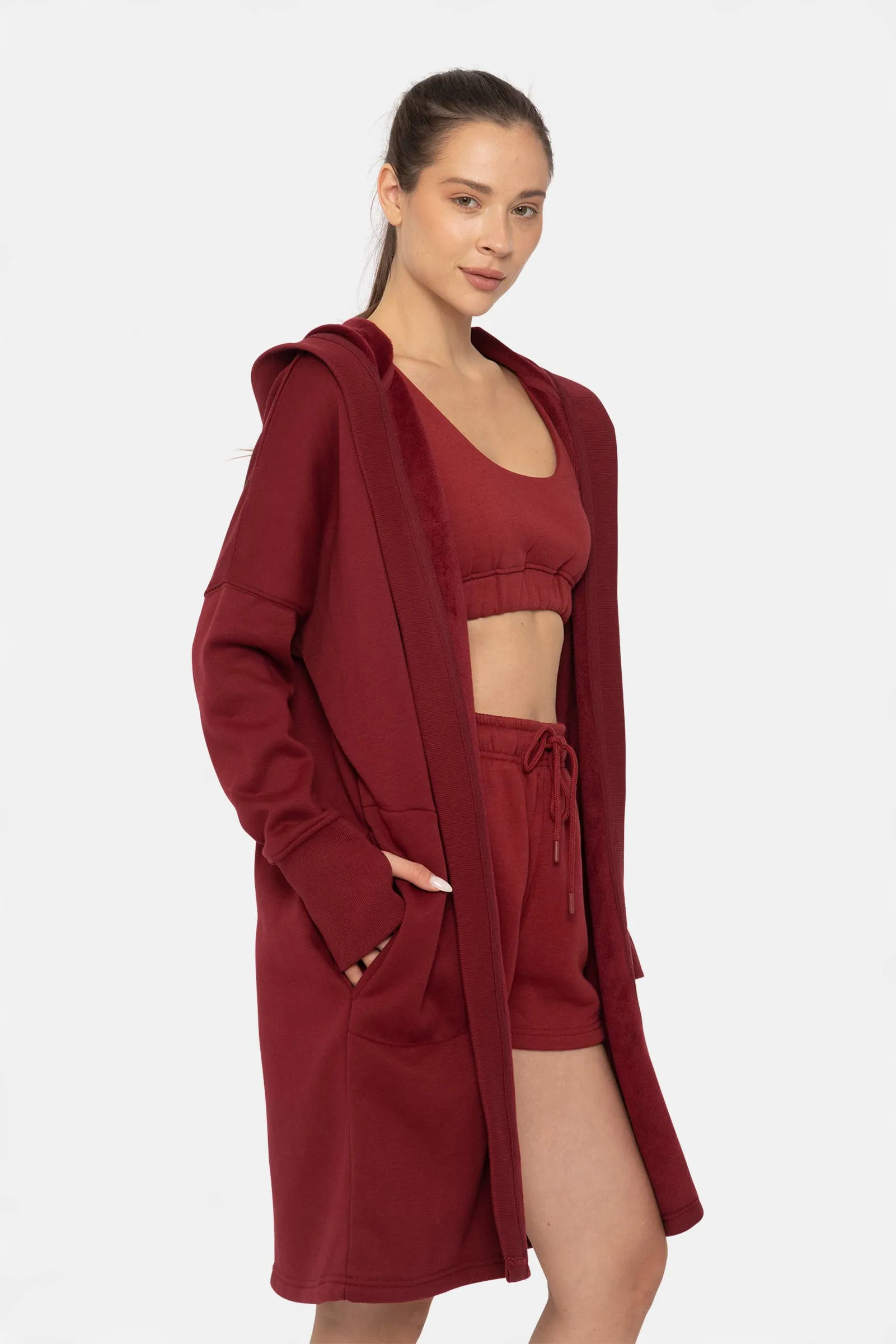 Red Wine Open Front Longline Hoodie Cardigan with Fleece Lining