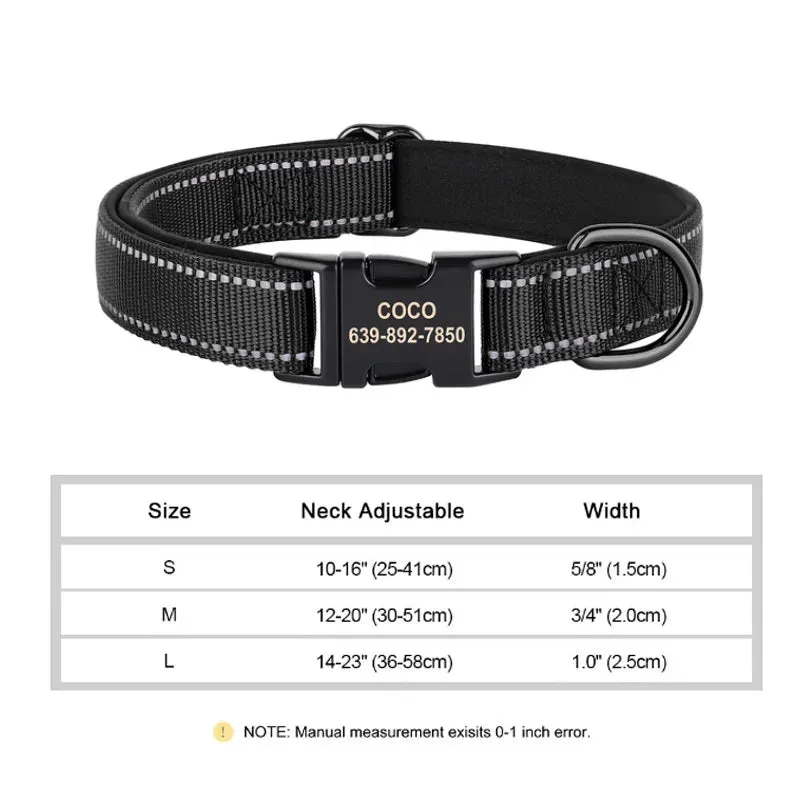 Reflective Personalized Dog Collar - Engraved ID Soft Padded Nylon Collar, Adjustable for Small, Medium, and Large Dogs