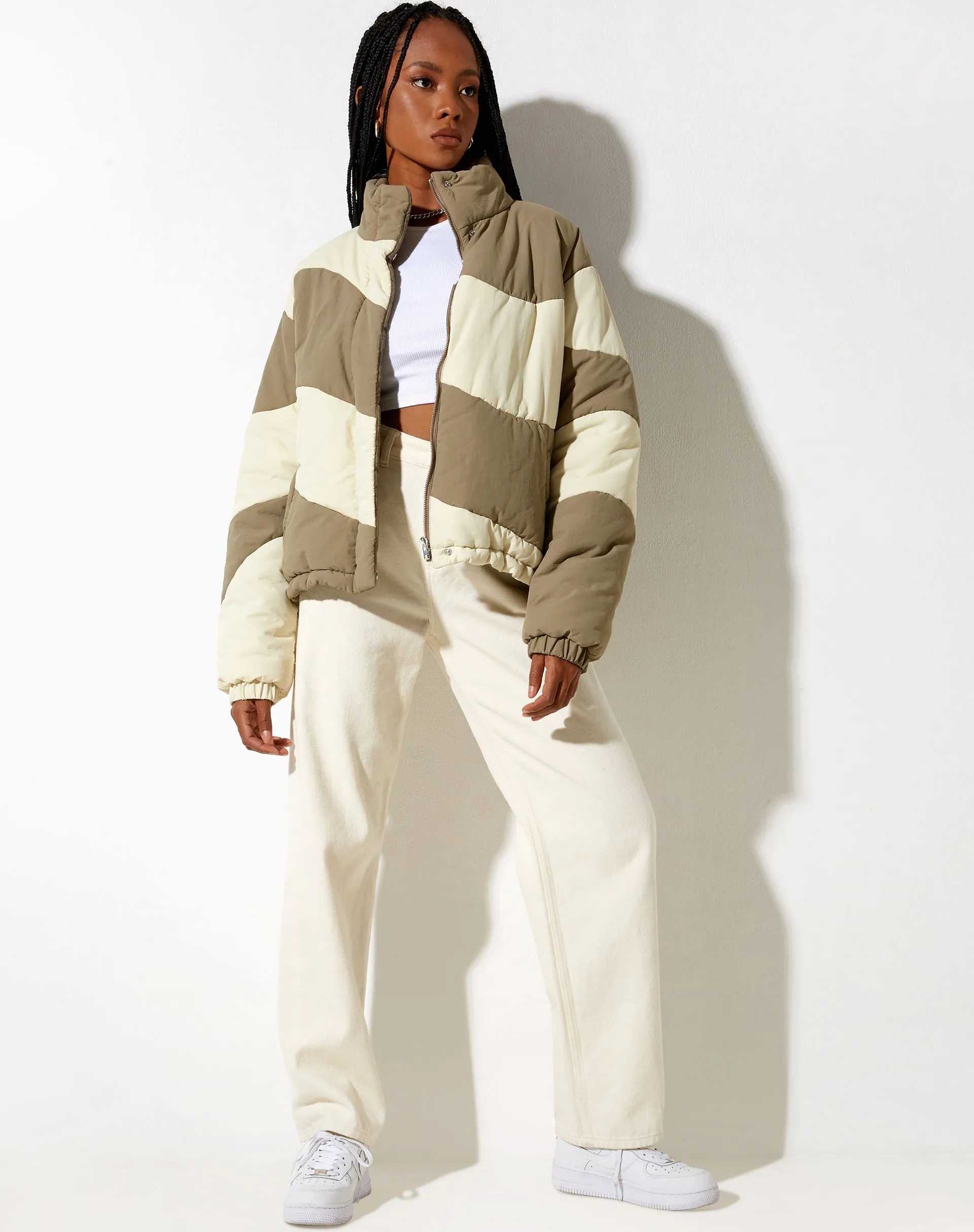 Renee Puffa Jacket in Panelled Cream and Taupe