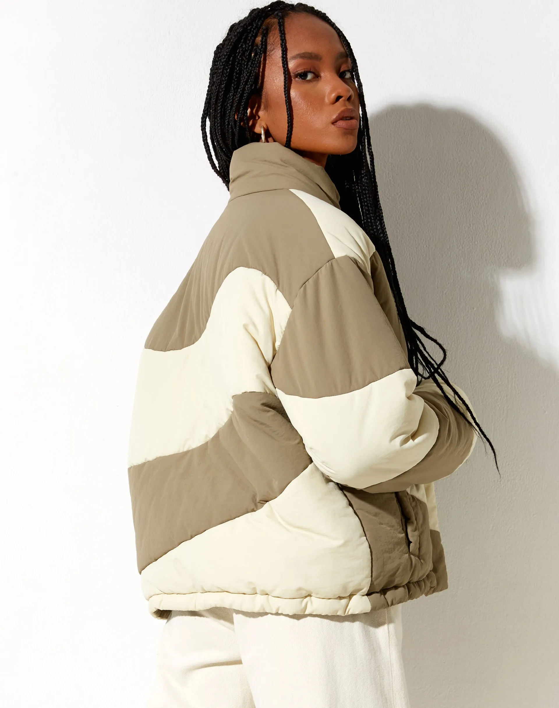 Renee Puffa Jacket in Panelled Cream and Taupe