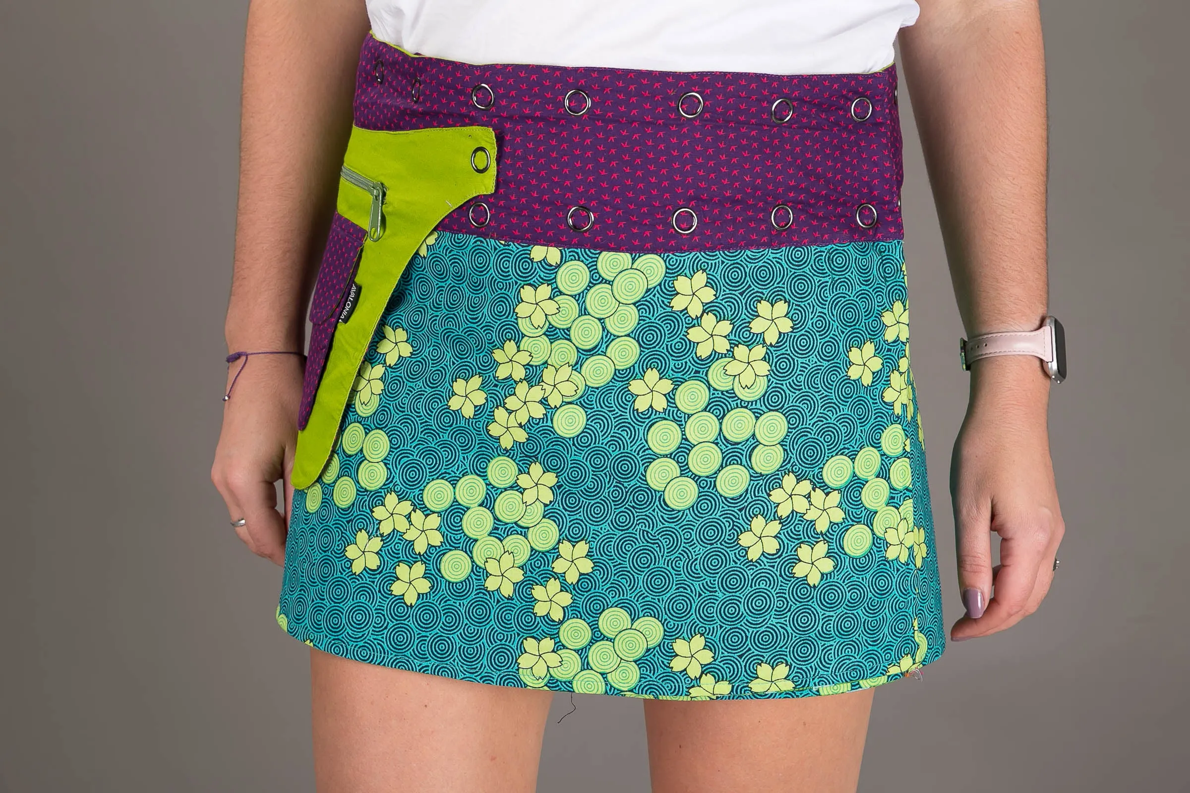 Reversible Cotton Skirt Green Patch Green Print with Pocket