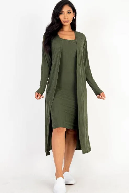 Ribbed Cardigan & Cami Midi Bodycon Dress (CAPELLA)