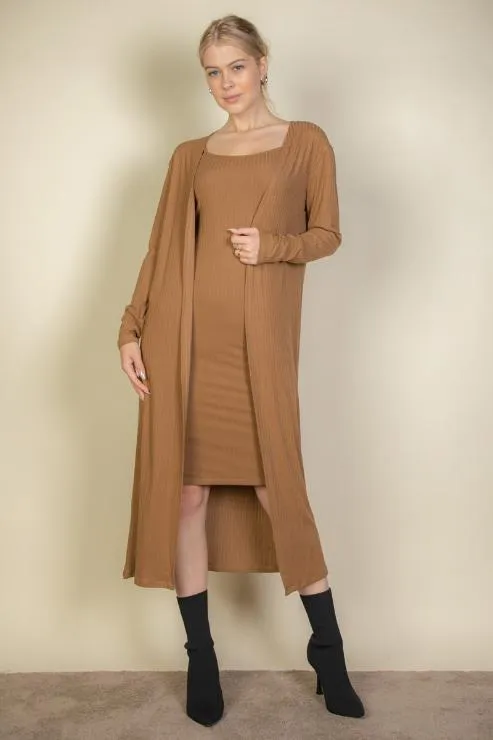 Ribbed Cardigan & Cami Midi Bodycon Dress (CAPELLA)