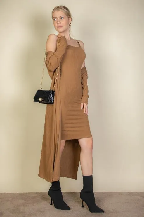 Ribbed Cardigan & Cami Midi Bodycon Dress