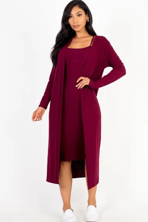 Ribbed Cardigan & Cami Midi Bodycon Dress