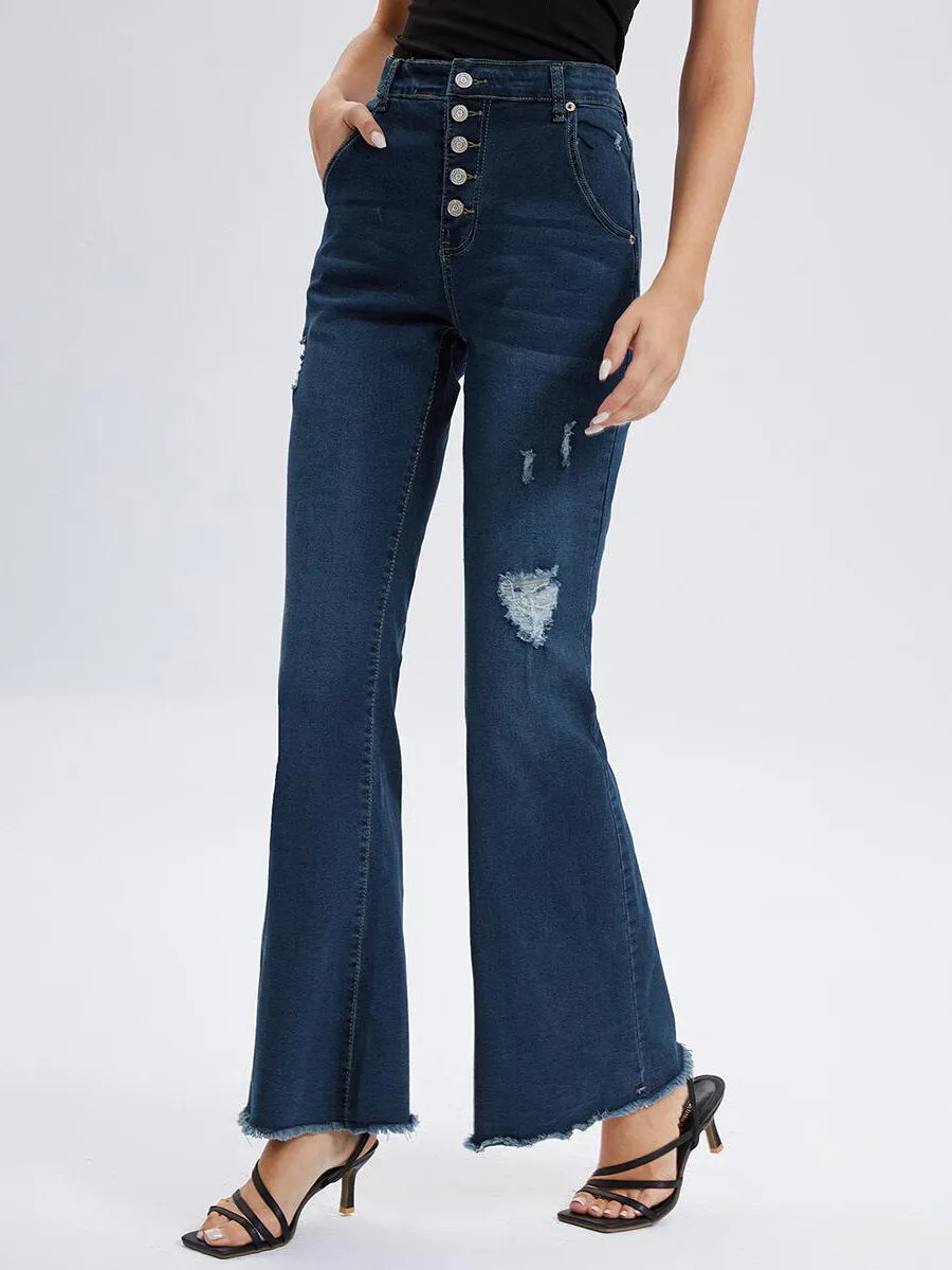 Ripped Raw Hem High Waist Flare Leg Jeans