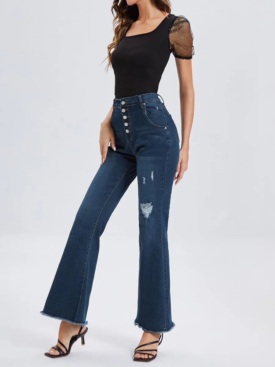 Ripped Raw Hem High Waist Flare Leg Jeans