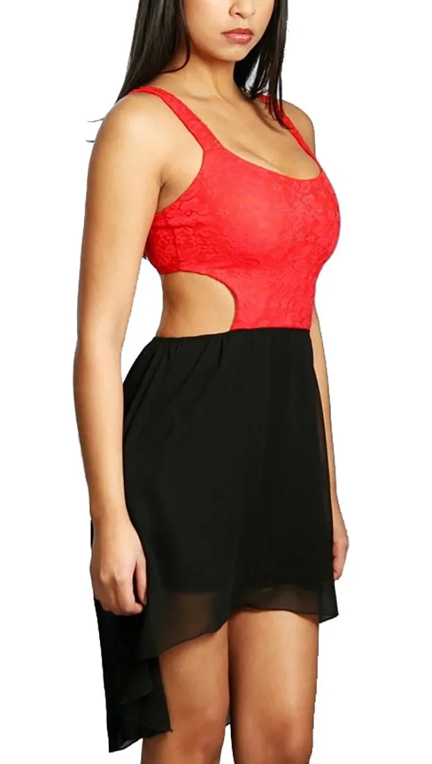 Rockstar Runway Side Cut-out Mini Dress Sheer Skirt in Coral