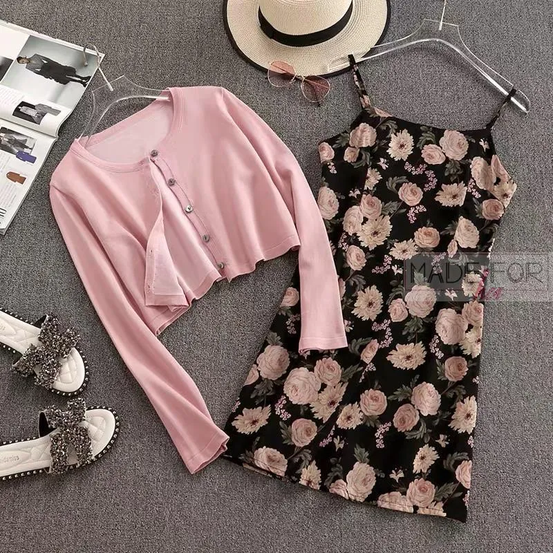 Rose Dress With Cardigan