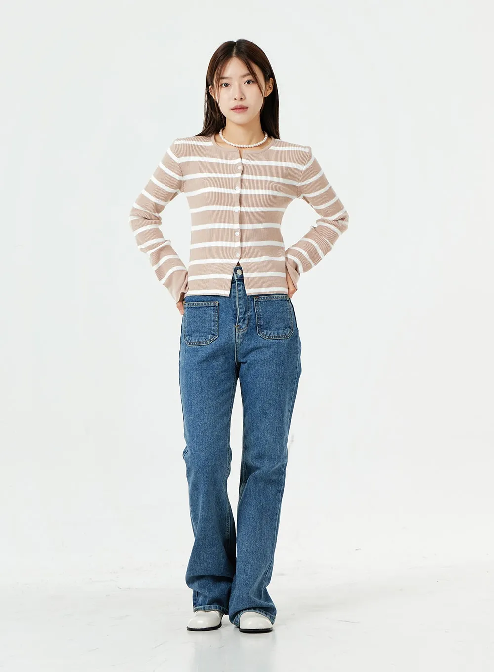 Round Neck Ribbed Stripe Cardigan OS07