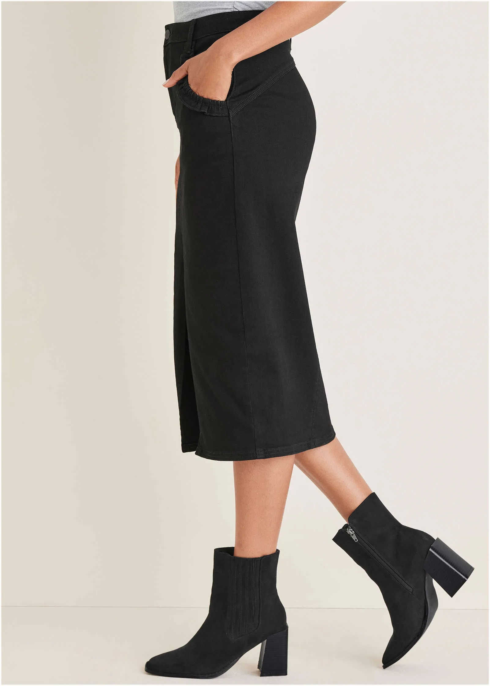 Ruffle Denim Midi Skirt - Black