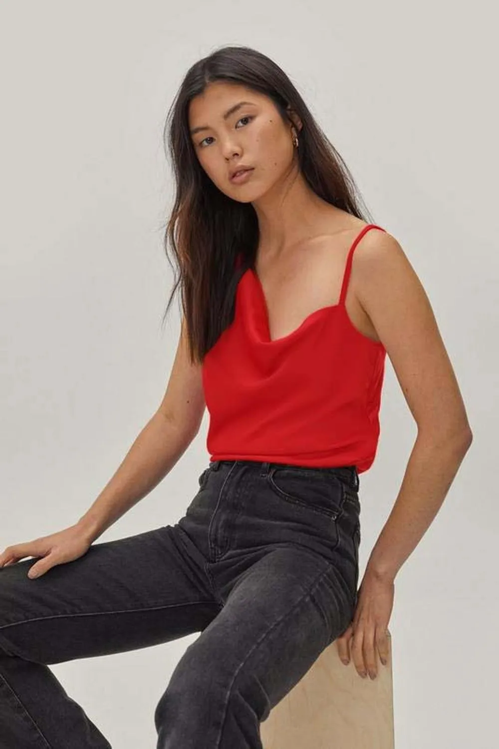 Satin Asymmetric Cowl Neck Cami Top