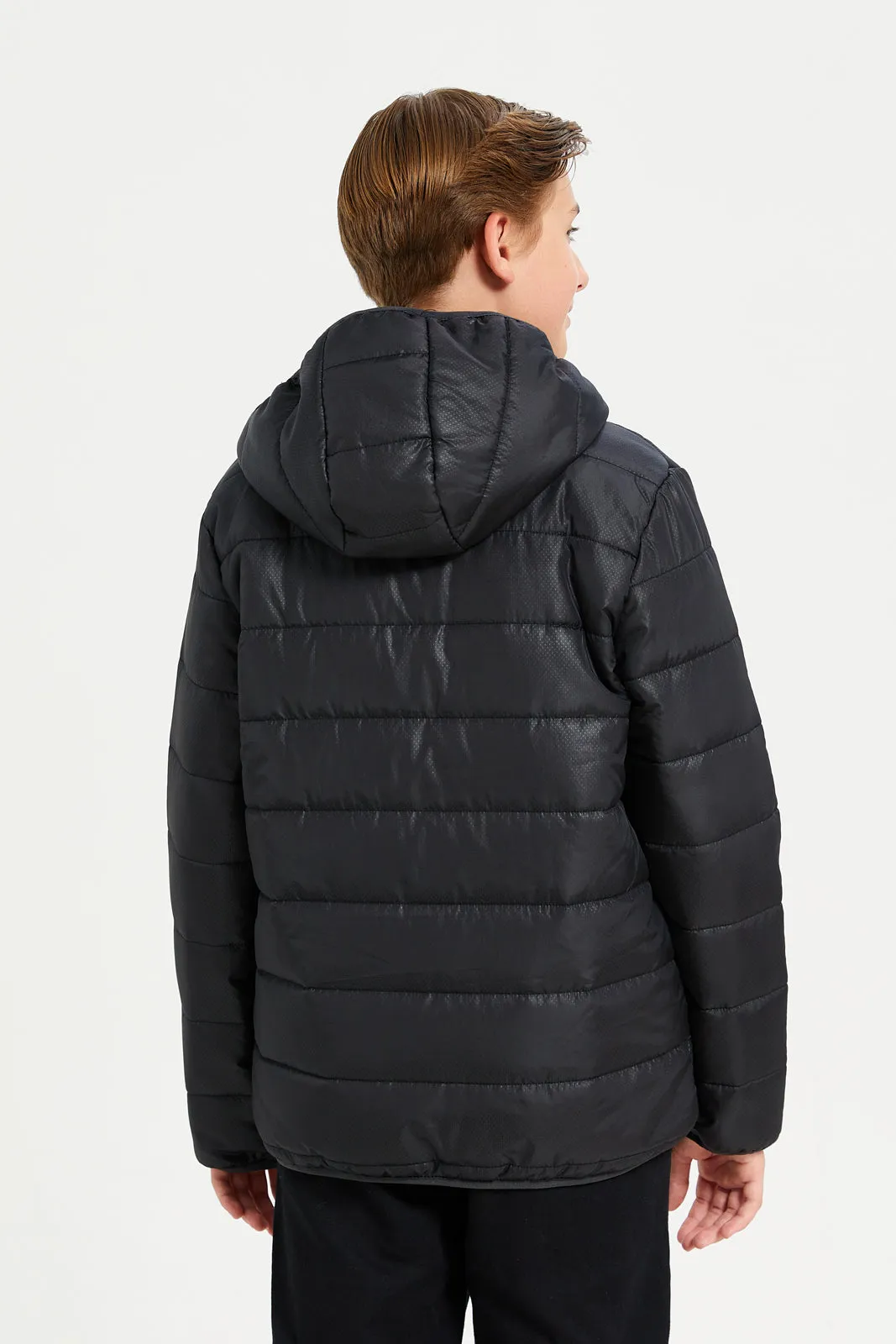 Senior Boys Black Puffer Hooded Jacket