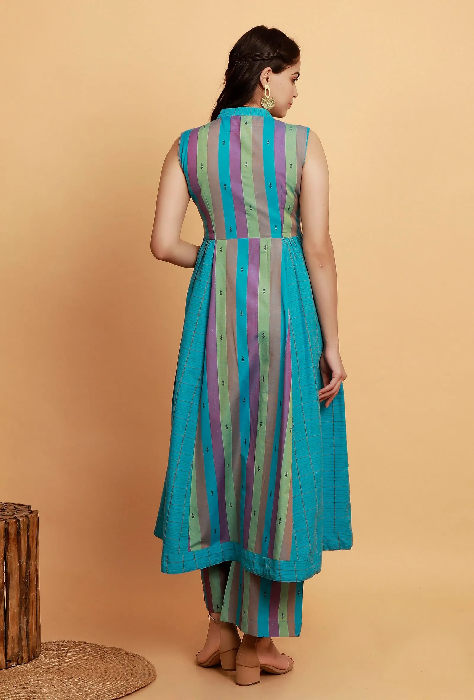 Set of 2:  Blue  Multicolor Flared Sleeveless Kurta with Multicolor Stripe Woven Straight Pants