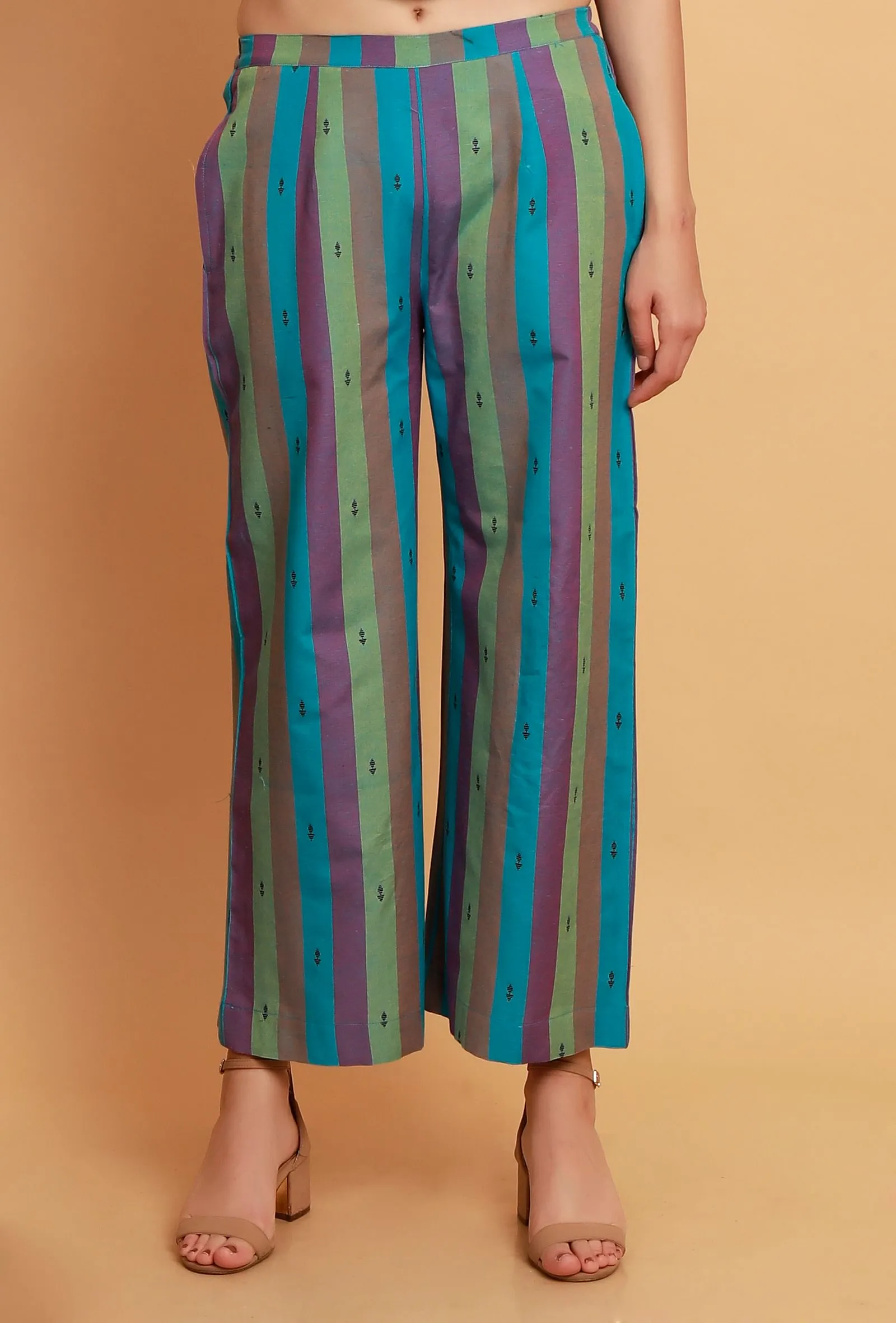 Set of 2:  Blue  Multicolor Flared Sleeveless Kurta with Multicolor Stripe Woven Straight Pants