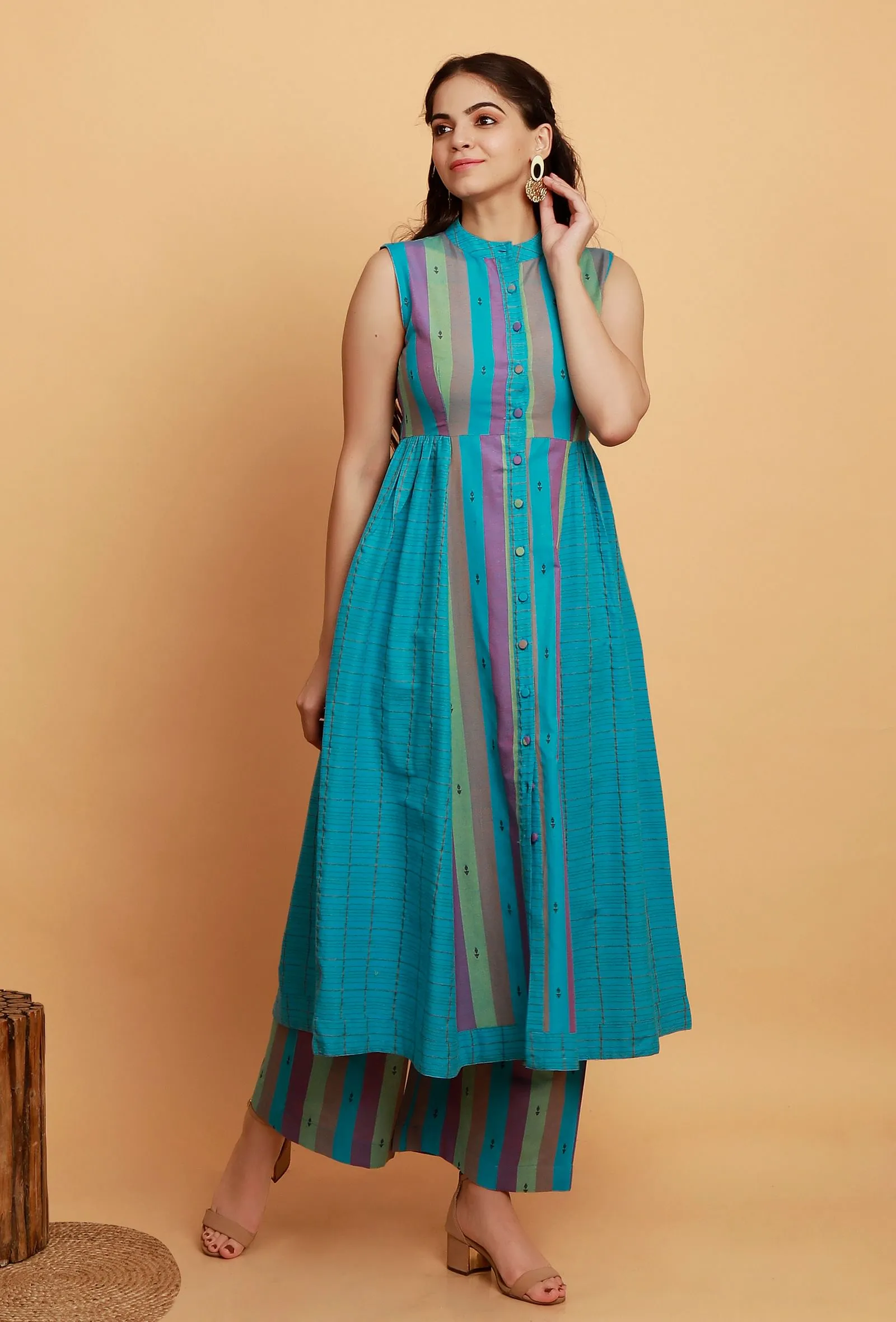 Set of 2:  Blue  Multicolor Flared Sleeveless Kurta with Multicolor Stripe Woven Straight Pants