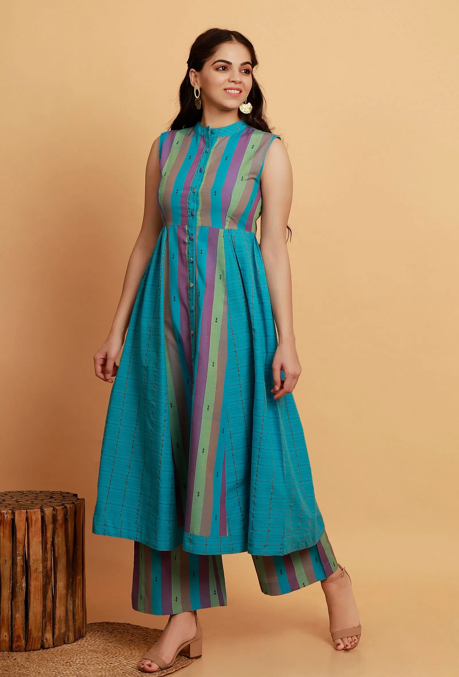 Set of 2:  Blue  Multicolor Flared Sleeveless Kurta with Multicolor Stripe Woven Straight Pants