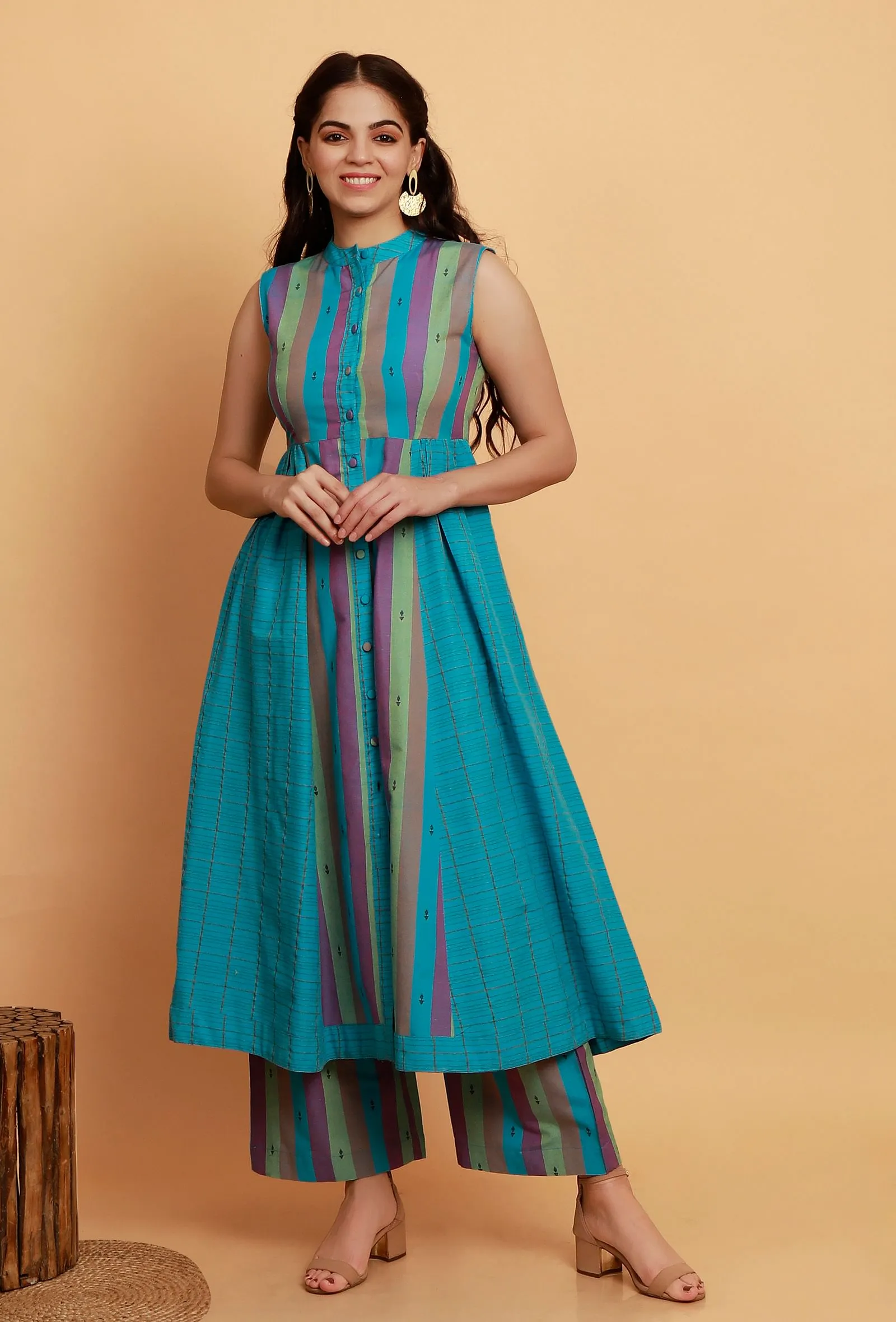 Set of 2:  Blue  Multicolor Flared Sleeveless Kurta with Multicolor Stripe Woven Straight Pants