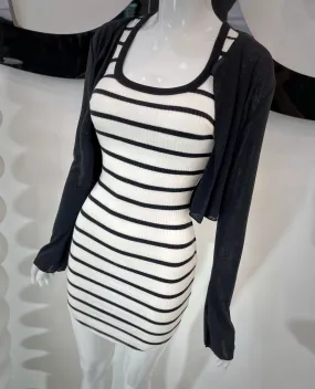 Set of black and white striped bodycon dress and black long-sleeved cardigan