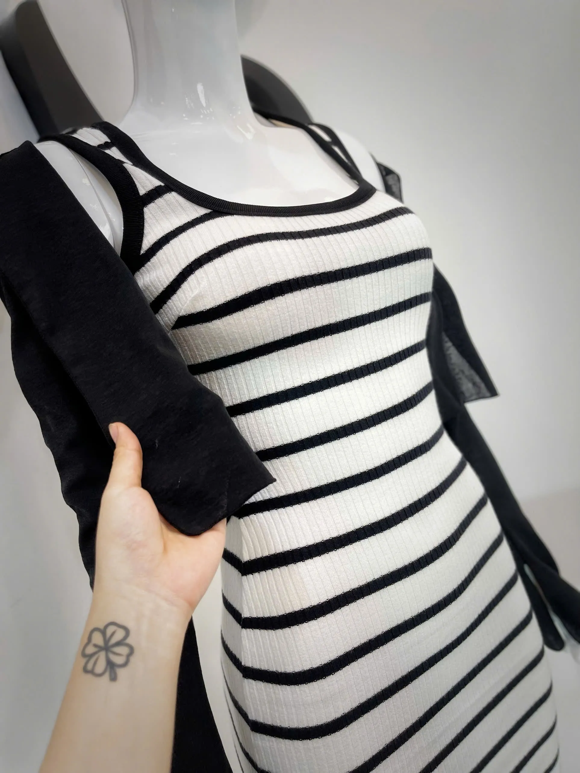 Set of black and white striped bodycon dress and black long-sleeved cardigan