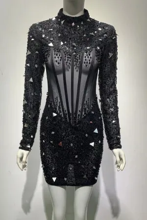 Sexy Black Beaded Long Sleeve Party Dress