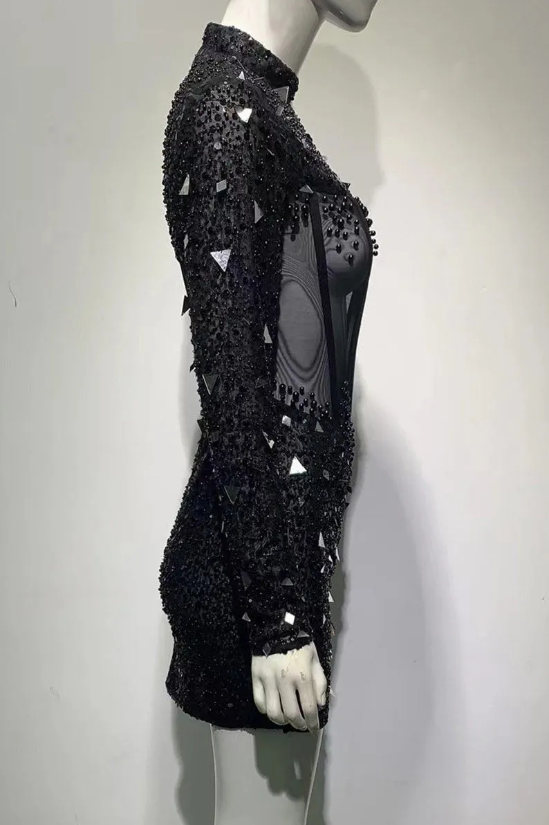 Sexy Black Beaded Long Sleeve Party Dress